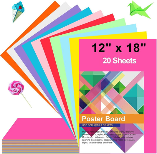 20 Pcs Poster Board Colorful Paper 12x18, ROOKEA Vision Boards Bulk Blank Graphic Display Posterboard Card Paper for Kids School Classroom Arts Craft Projects Drawing Scrapbooking