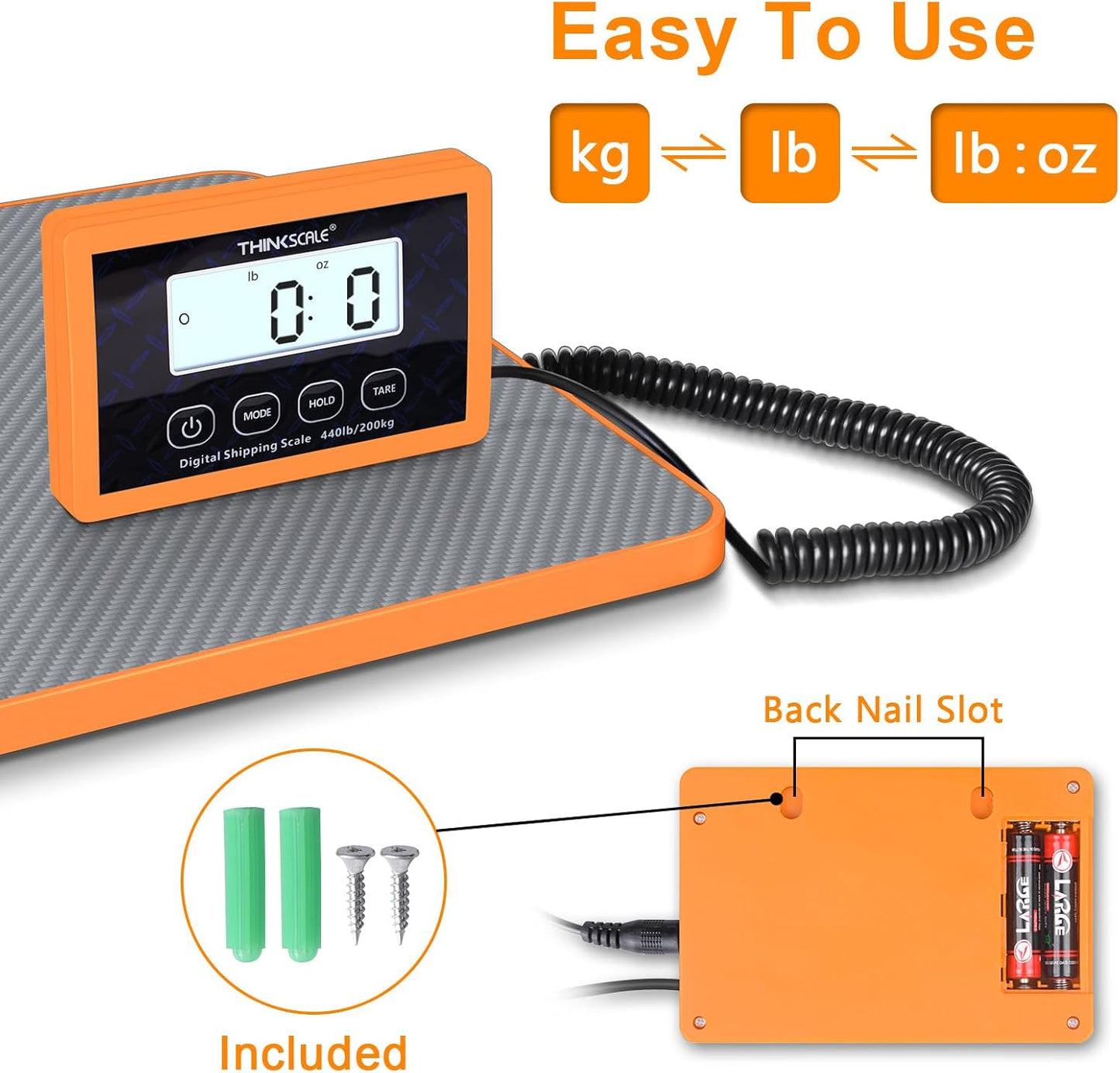 THINKSCALE Shipping Scale, 10g Precision Postal Scale - 440lb Capacity, Lightweight Postage Scale for Packages, Luggage, Mail, Ecommerce, Warehouse & Home, Battery & AC Adapter Included