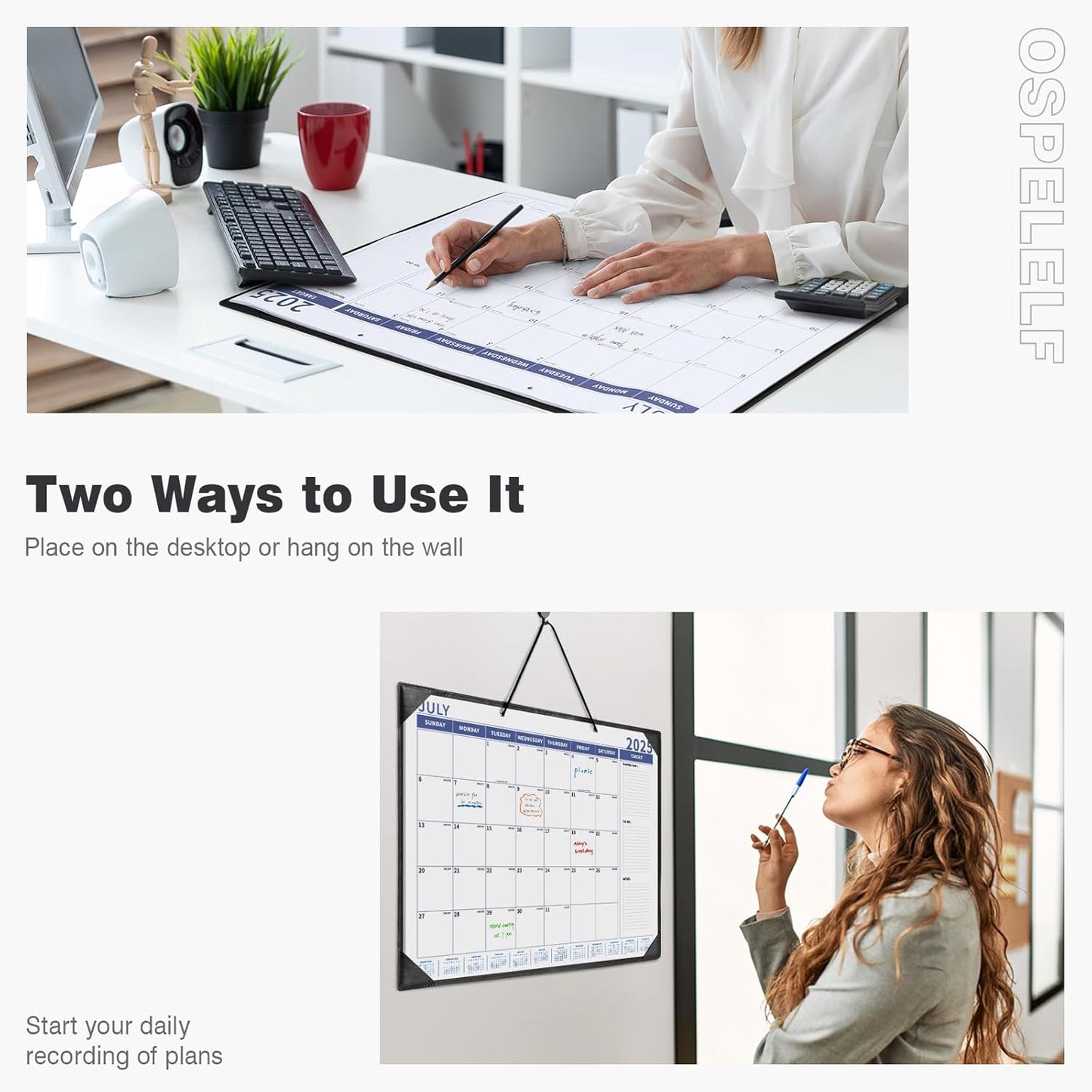 Ospelelf Large Desk Calendar 2025-2026 with PU Leather Pad, 18 Months Planner Pad from July 2025 to Dec 2026, 22" x 17" Wall Calendar with Protective Cover for Home or Office, Black