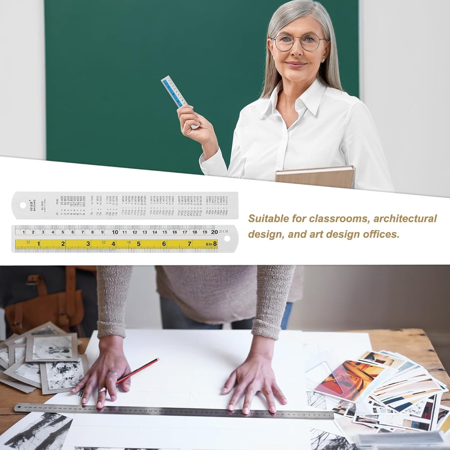 HARFINGTON 6pcs Metal Straight Ruler 20cm Metric SAE Aluminum Alloy Measuring Rulers Scale Tool with Hole for Measure Study Reading Classroom Office, Yellow