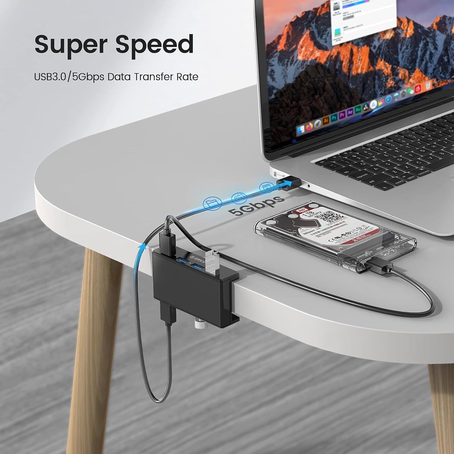 ORICO USB 3.0 Hub, USB Hub Clamp, Aluminum 4-Port USB Splitter with Extra Power Supply Port and 4.92 FT USB Data Cable, Desktop Powered USB Hub for Monitors/Desks-Black (Without Power Adapter)