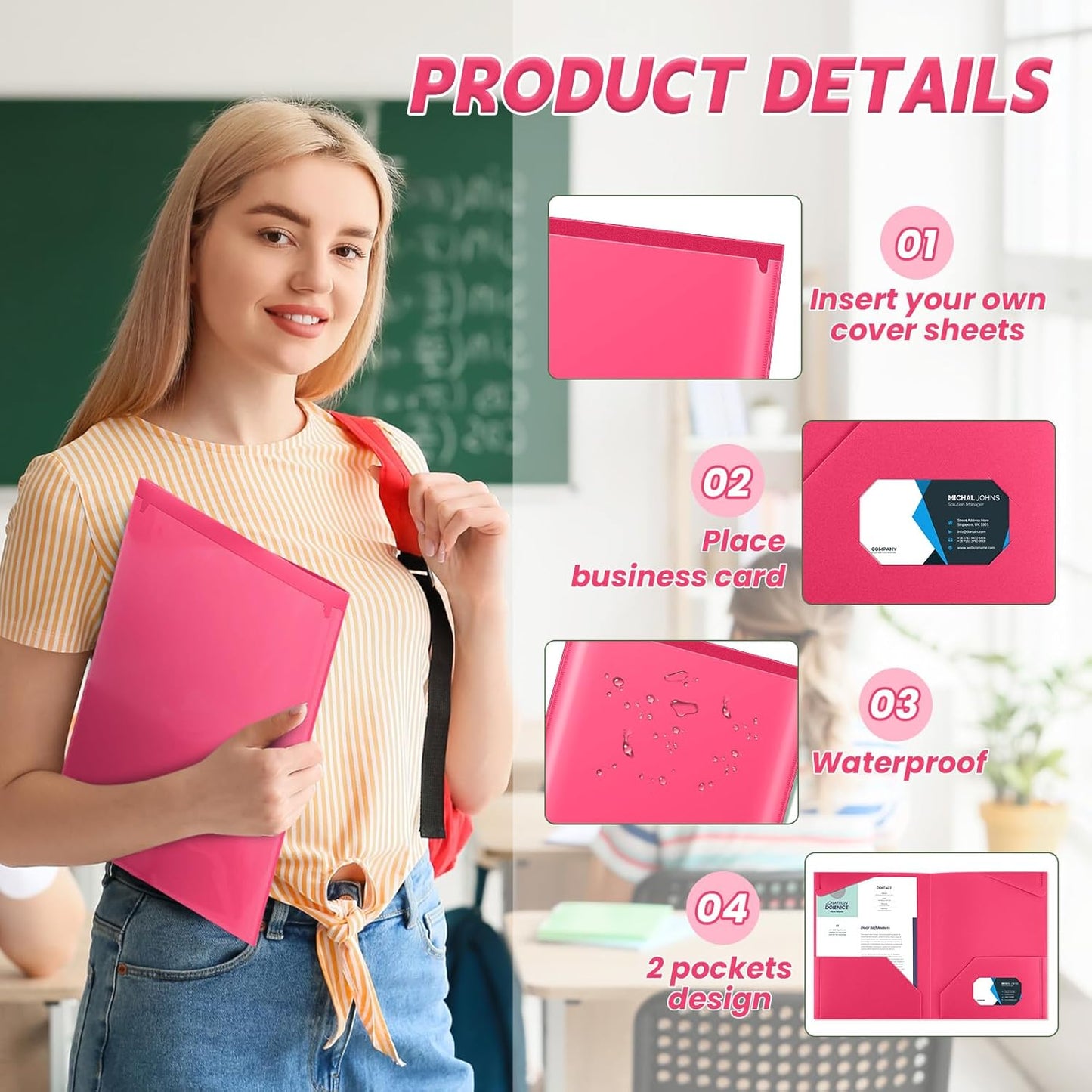 Henoyso 60 Pcs Plastic Folders with Clear Front Pockets Heavy Duty File Folders with 2 Pockets and Card Slot for Student Communication School Office Presentation Report (Hot Pink)