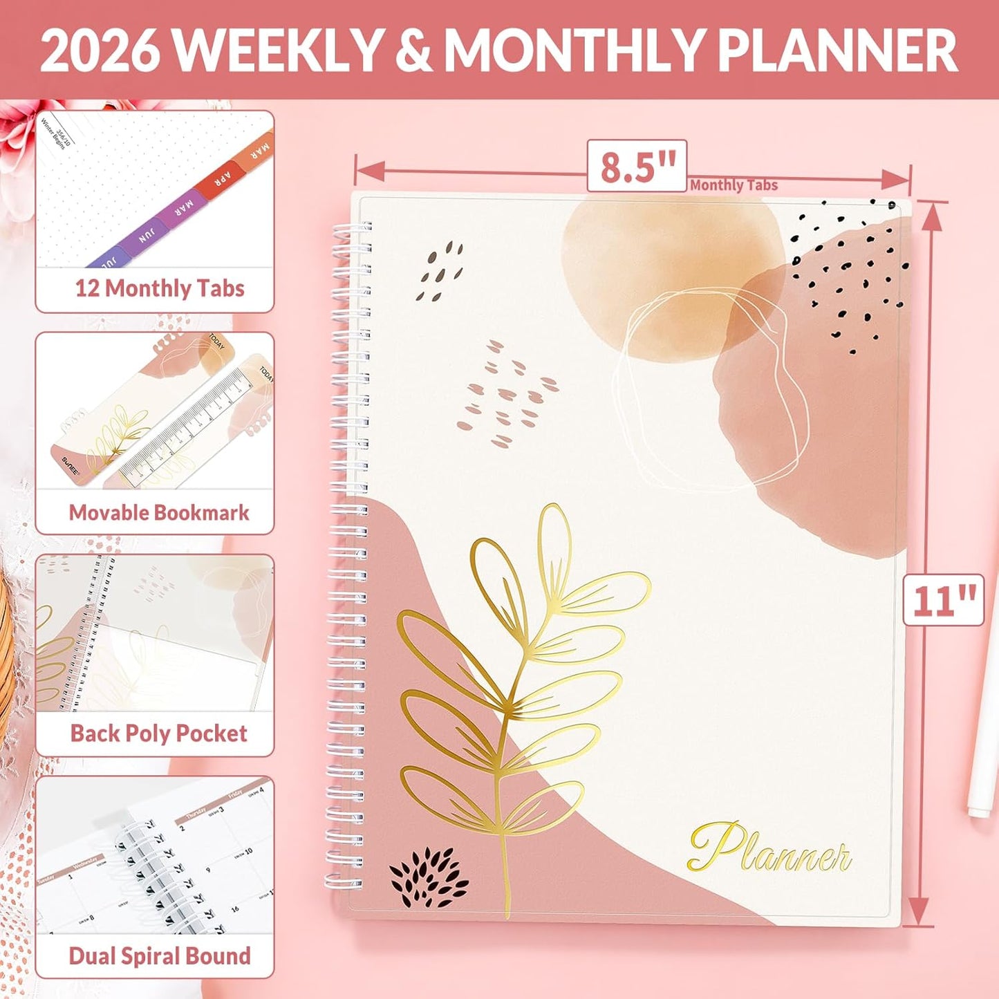 SUNEE 2026 Weekly and Monthly Planner - from January 2026 - December 2026, 8.5"x11" Daily Agenda Planner with Monthly Tab, Flexible Cover, Note Pages, Pockets, Bookmark, Spiral Binding, Pink Breeze