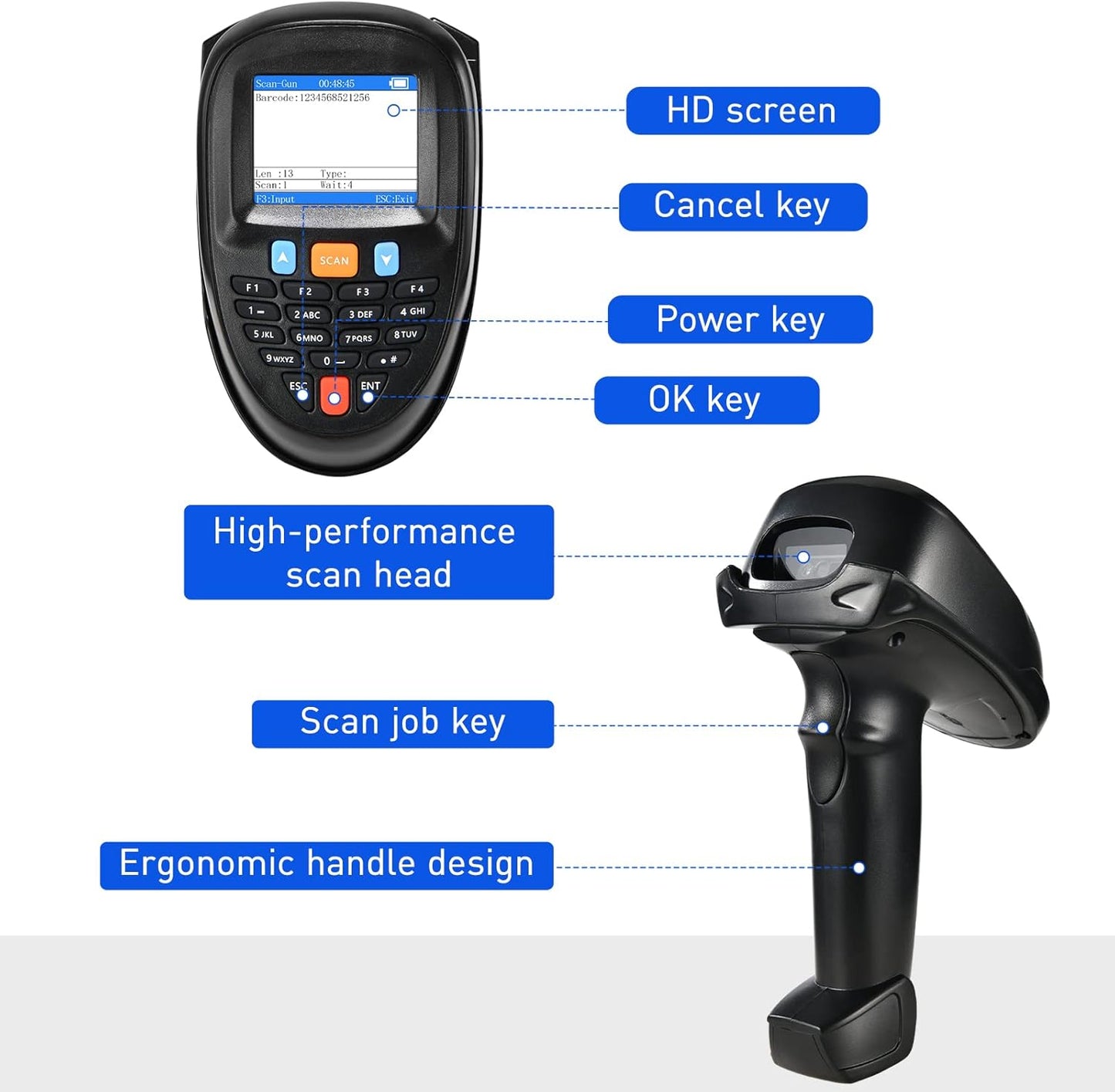 1D 2D Barcode Scanner Wireless, JRHC Portable Inventory Scanner & Data Collector Data Terminal PDT Inventory Device with Long Transmission Distance 2.4G Wireless Bar Code Reader with 2.2" LCD Screen
