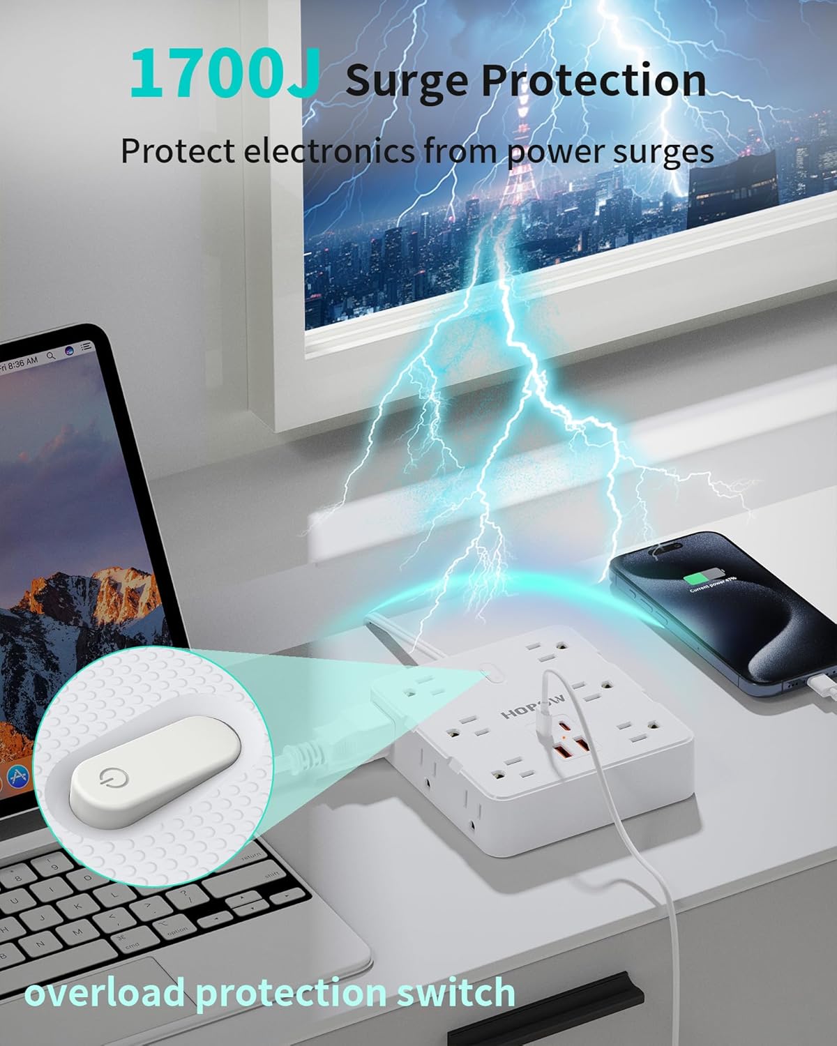 2 Prong Power Strip, 2 Prong to 3 Prong Outlet Adapter with 12 AC & 4 USB(2 USB-C), 1700J Two Prong Surge Protector, 5FT Extension Cord, Wall Mountable, Ideal for Old House Non-Grounded Outlets