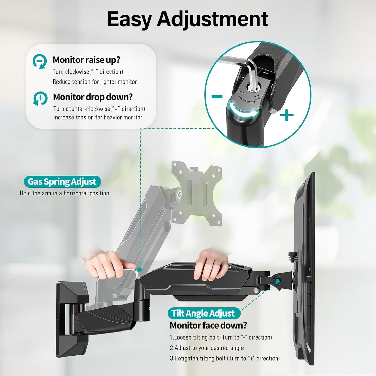 MOUNT PRO Dual Monitor Wall Mount for 2 Computer Screen up to 32 Inch, Gas Spring Double Monitor Arm Holds Up to 17.6lbs Each, Full Motion Adjustable Wall Monitor Mount, VESA Mount 75x75/100x100