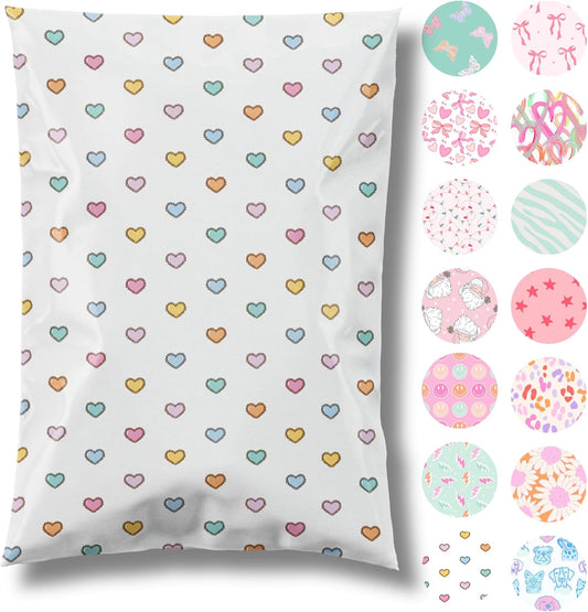 6x9 Designer Poly Mailer 100 Pack Heavy Duty Waterproof Self Seal Shipping Bags for Small Business Large Mailing Envelopes Bulk Tear Resistant Packaging Preppy Hearts