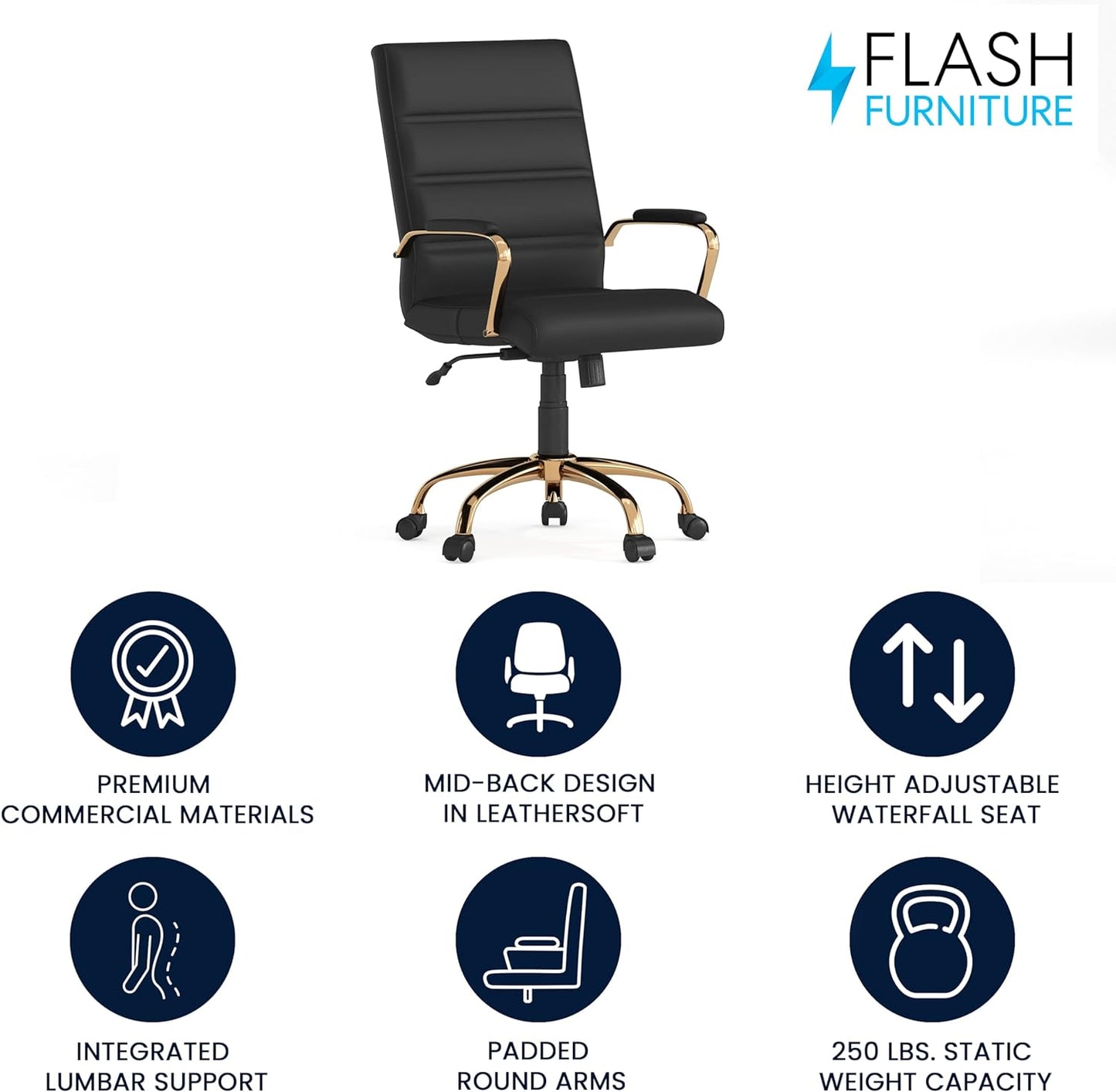 Flash Furniture Whitney Mid-Back Swivel LeatherSoft Desk Chair with Wheels, Padded Seat and Armrests, Adjustable Height Padded Office Chair, Black