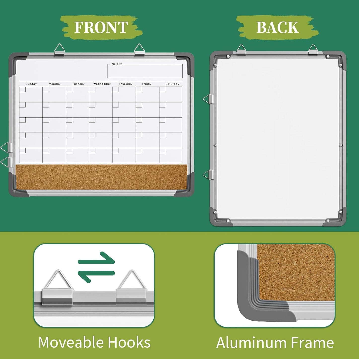 Dry Erase Calendar White Board for Wall, Polegas 17" X 13" Magnetic Whiteboard Dry Erase Cork Board Combination, Small Wall Monthly Double Sided Boards Student, Home, Office (White)