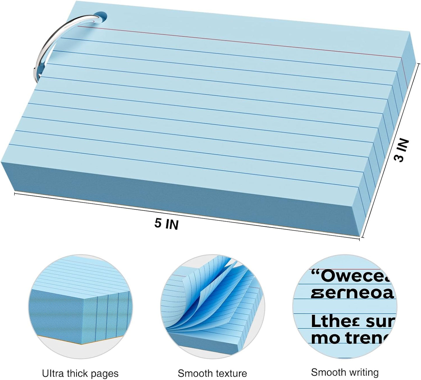 250 Count Blue Index Cards 3x5 Inch with Key Ring, Color Flash Index Card (50 Sheets Each), Durable & Portable Note Taking for Students, Teachers, Study Note Cards for Office Home School