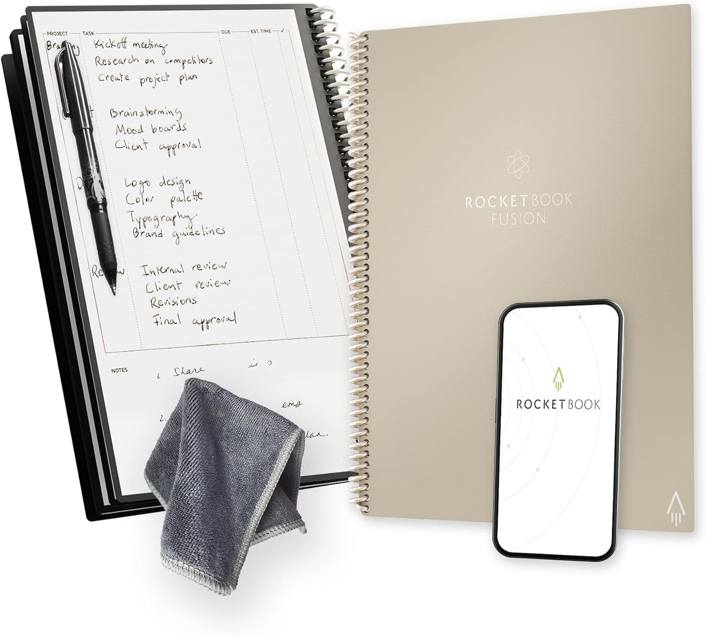 Rocketbook Fusion Reusable Undated Productivity Planner, Letter Size 8.5x11, Beige - Goals, Monthly and Weekly Calendar, Daily To-do List, Lined and Dotted Notes Pages