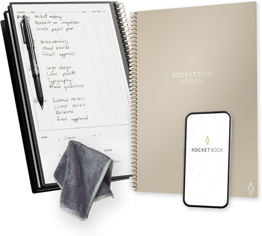 Rocketbook Fusion Reusable Undated Productivity Planner, Letter Size 8.5x11, Beige - Goals, Monthly and Weekly Calendar, Daily To-do List, Lined and Dotted Notes Pages
