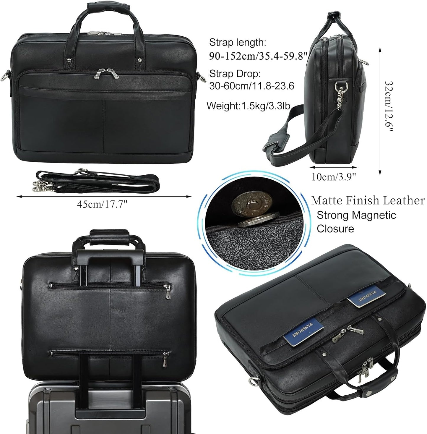 Leather Briefcase for Men 17 Inch Laptop Crossbody Shoulder Messenger Bag Attache Case for Business Travel Work Lawyer