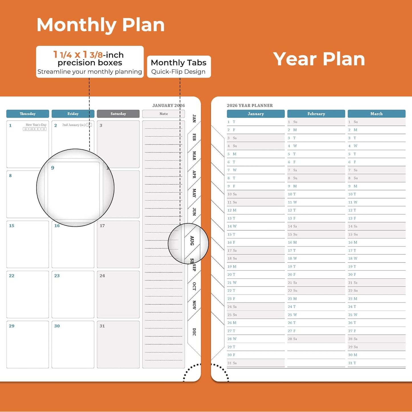 IN-LUXPRO Weekly Monthly 2026 Planner (Jan.26-Dec.26),8.5"x6.5",12 Months Agenda Plan with Month Tabs & Pocket,Expenses/Note Pages, Appointment Book Calendar with Hardcover Vegan Leather Cover,Orange