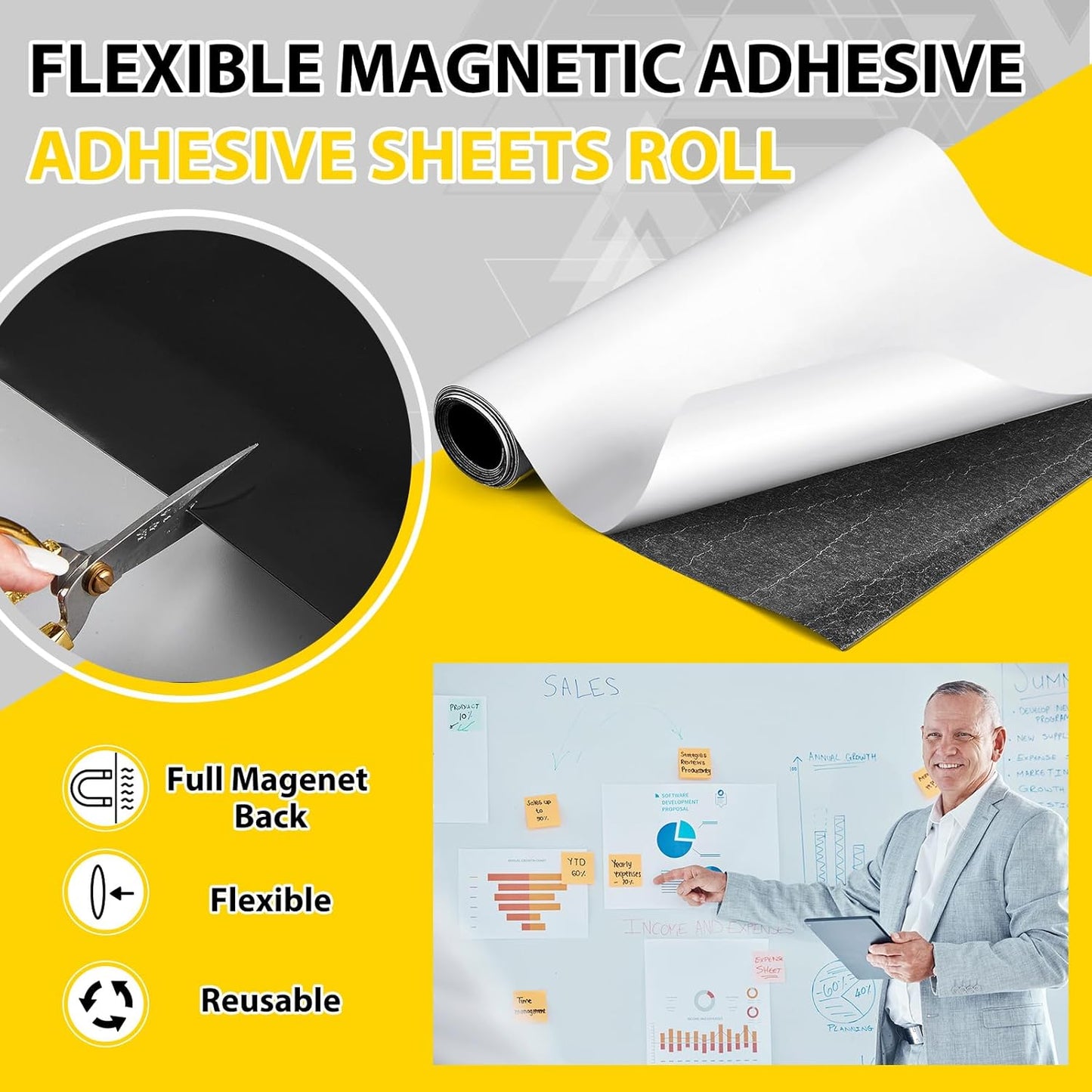 12 Inch x 10 ft x 30mil Extra Large Adhesive Magnetic Sheet Roll Not Printable Adhesive Backing Cut and Customize Flexible Sheets Blank White Surface Magnetic Sign for Craft Photo Craft