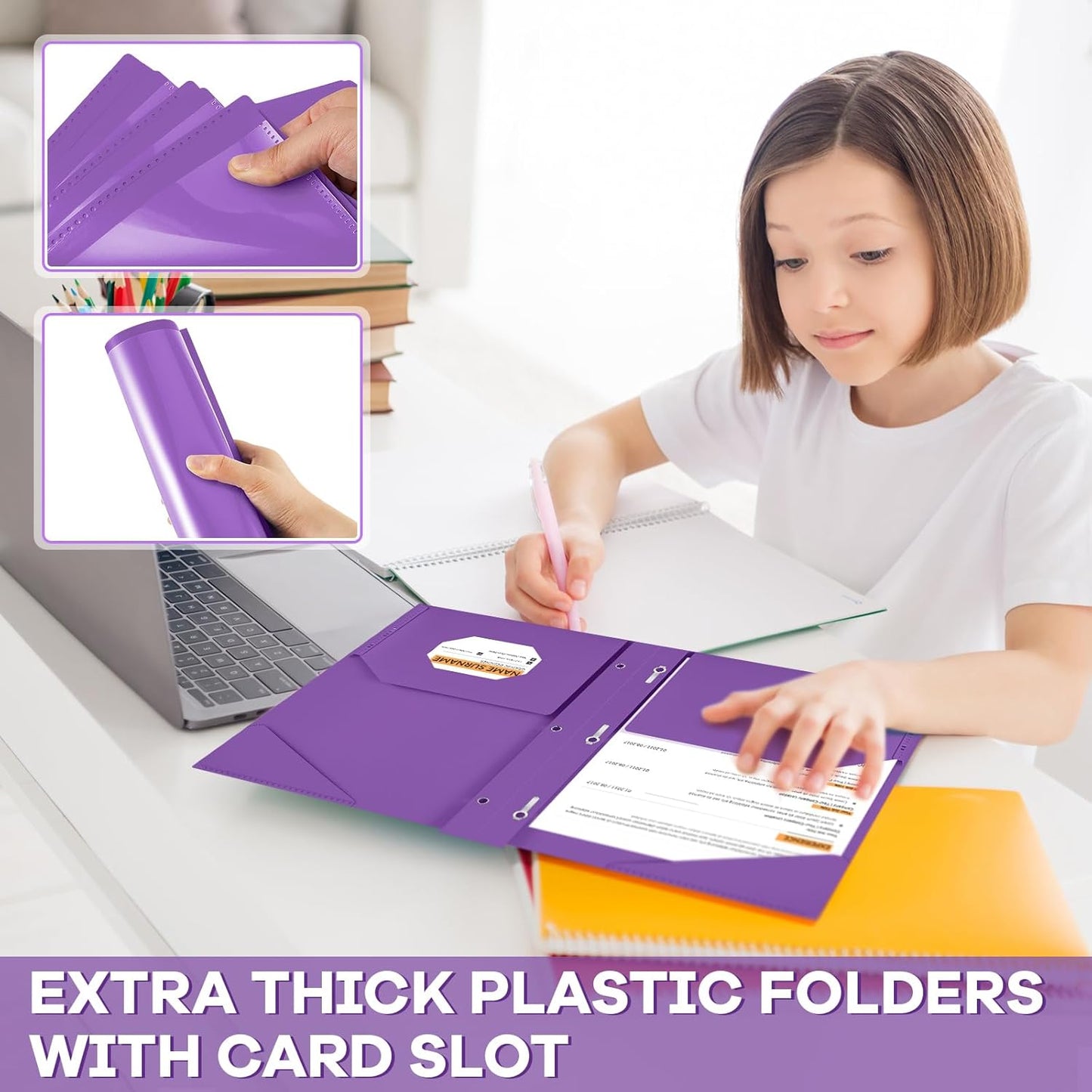 Henoyso 18 Pcs Plastic Folder with Clear Front Pocket and 3 Prong Plastic Folders with Card Slot Pocket Folders with Prongs for School Office (Purple)