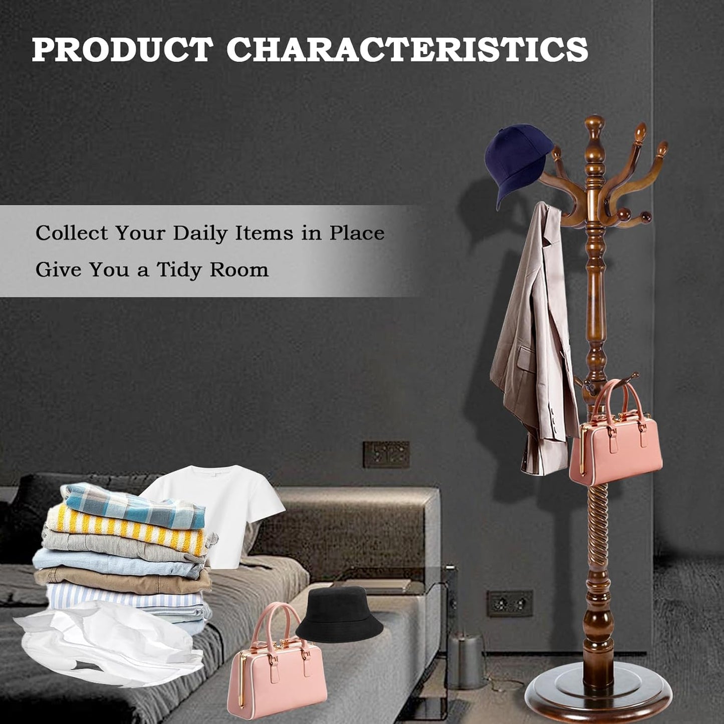 Coat Racks FreeStanding with 11 Hooks, Natural Wood Coat Rack with Solid Round Base, Adjustable Height Coat Racks, Easy Assembly for Hallway, Bedroom and Office (Walnut-Solid Round Base)