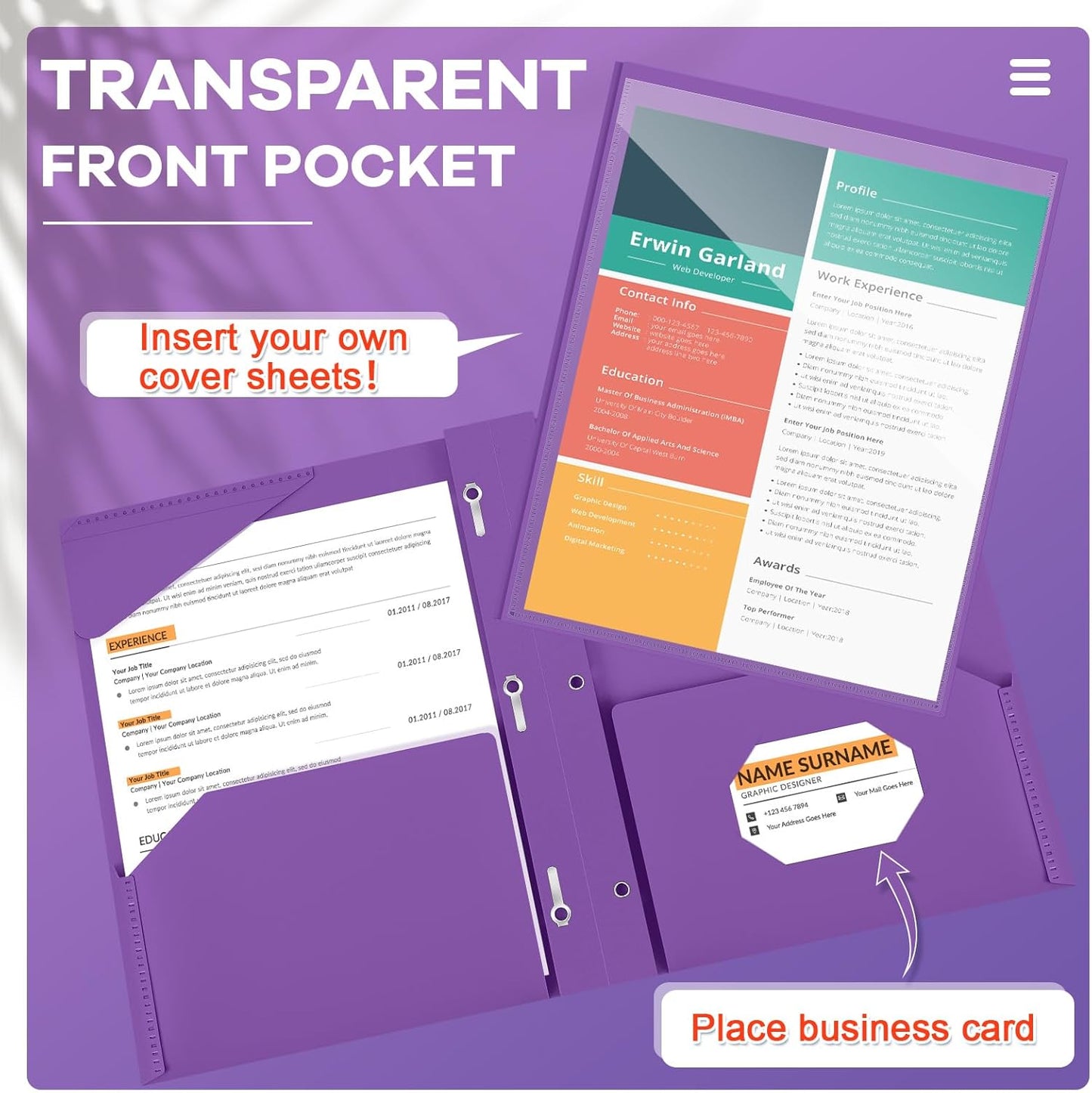 Henoyso 100 Pcs Plastic Folder with Clear Front Pocket and 3 Prong Plastic Folders with Card Slot Pocket Folders with Prongs for School Office (Purple)