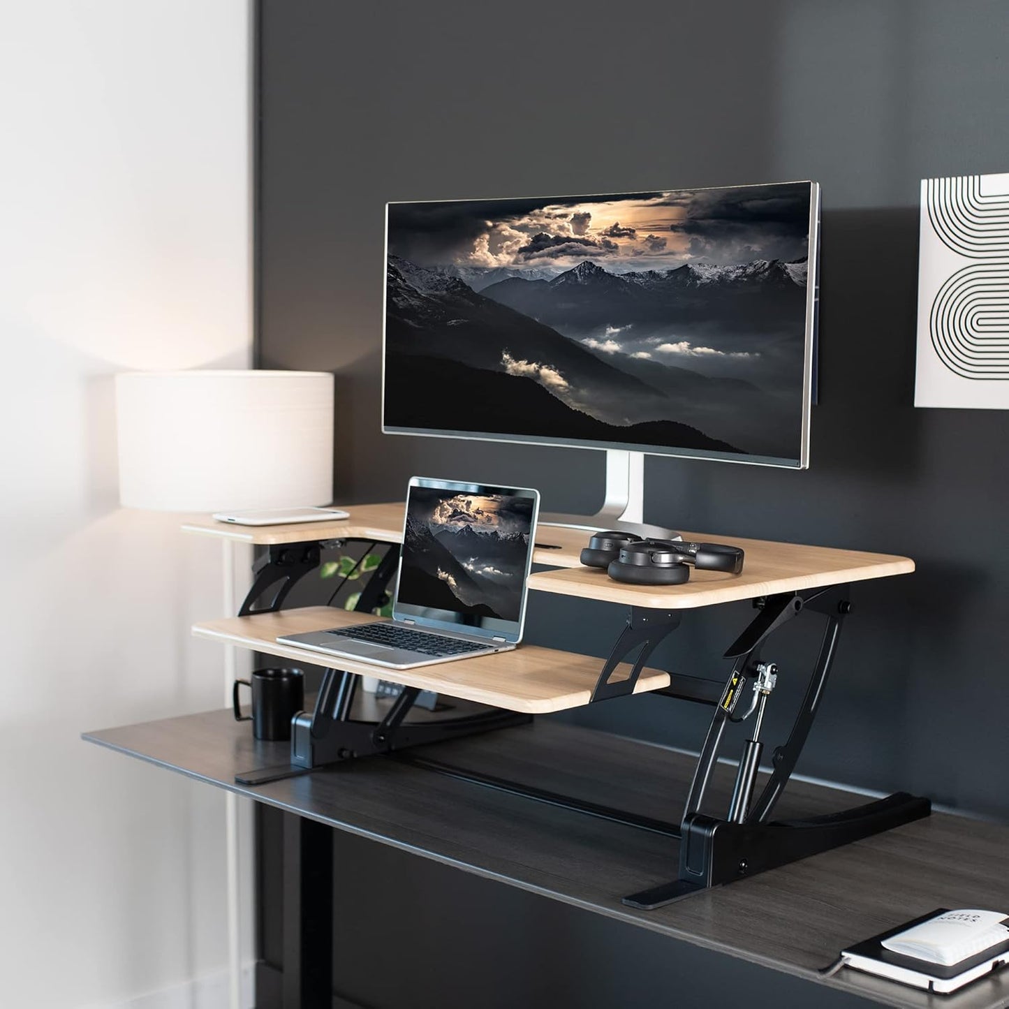 VIVO 42 inch Height Adjustable Stand Up Desk Converter, V Series, Quick Sit to Stand Tabletop Dual Monitor Riser Workstation, Light Wood Top, Black Frame, DESK-V000VLO