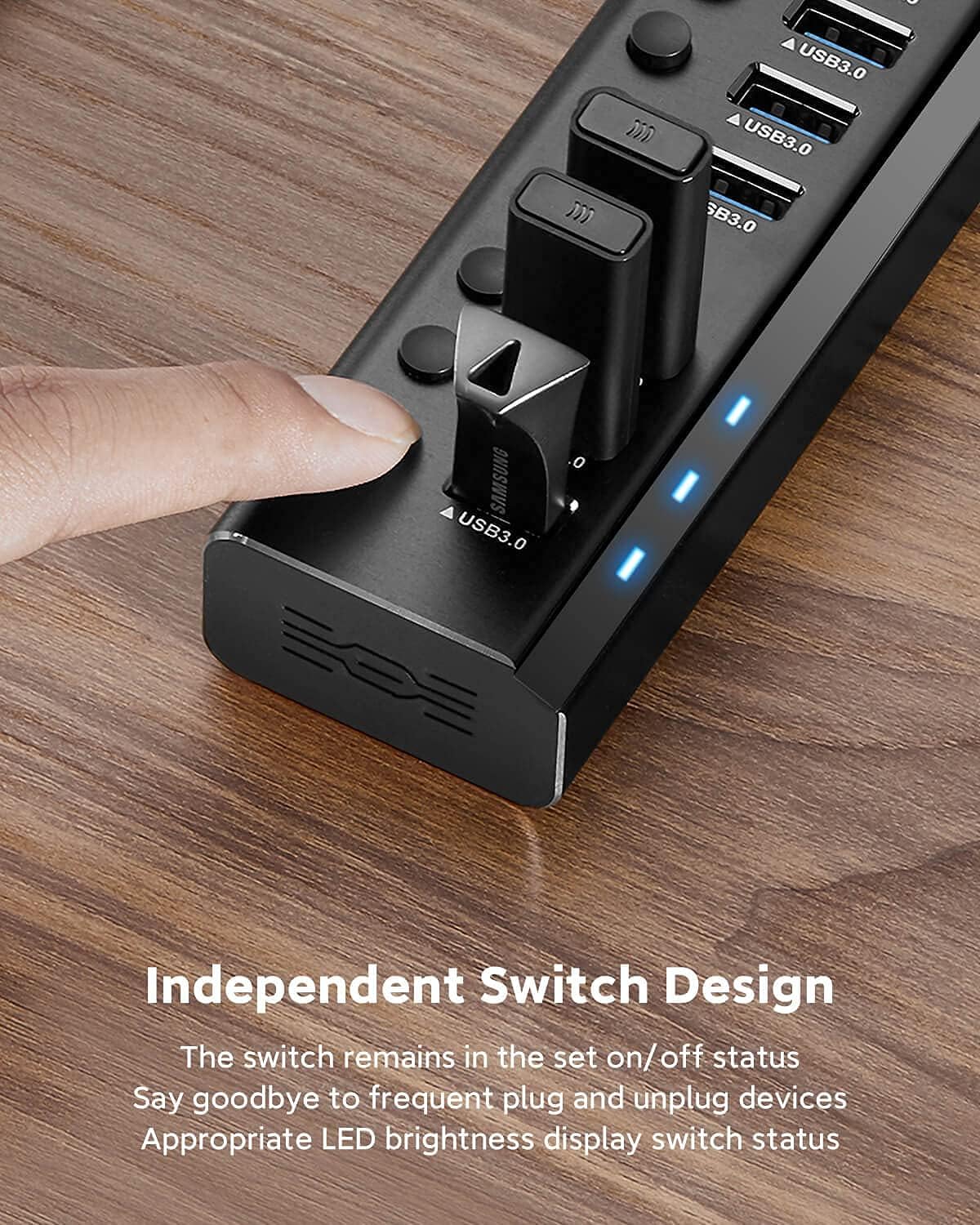 USB Hub 3.0 Powered Rosonway Aluminum 7 Ports USB 3.0 Data Hub Splitter with 24W (12V/2A) Power Adapter and Individual On/Off Switches USB Port Expander for PC and Laptop (RSH-A37S)