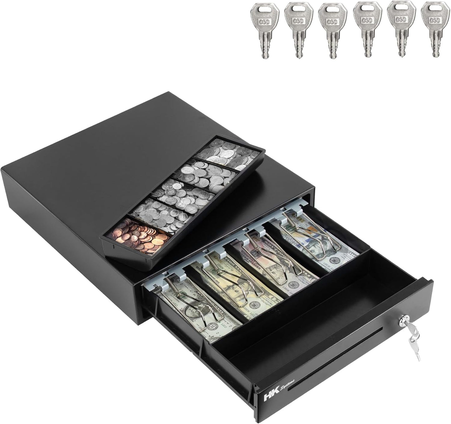 HK SYSTEMS 13inch Heavy Duty POS Cash Drawer with 4Bill/5Coin, Removable Coin Compartment, 24V, RJ11, Single Large Media Slot, Black