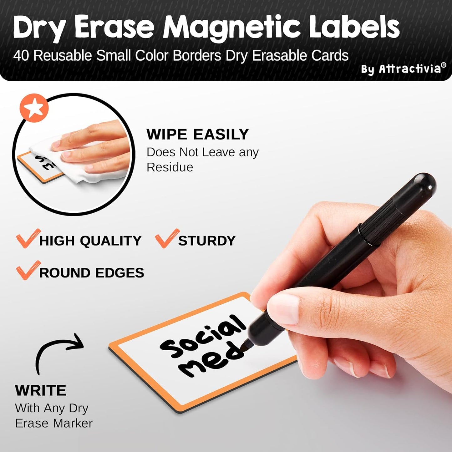 Dry Erase Magnetic Labels 2.8 x 1.8 in, Color Borders, Small Dry Erase Magnets, 40-Pack, White Erasable Write-On All-Purpose Labels, for Office, Education, Home, Whiteboard