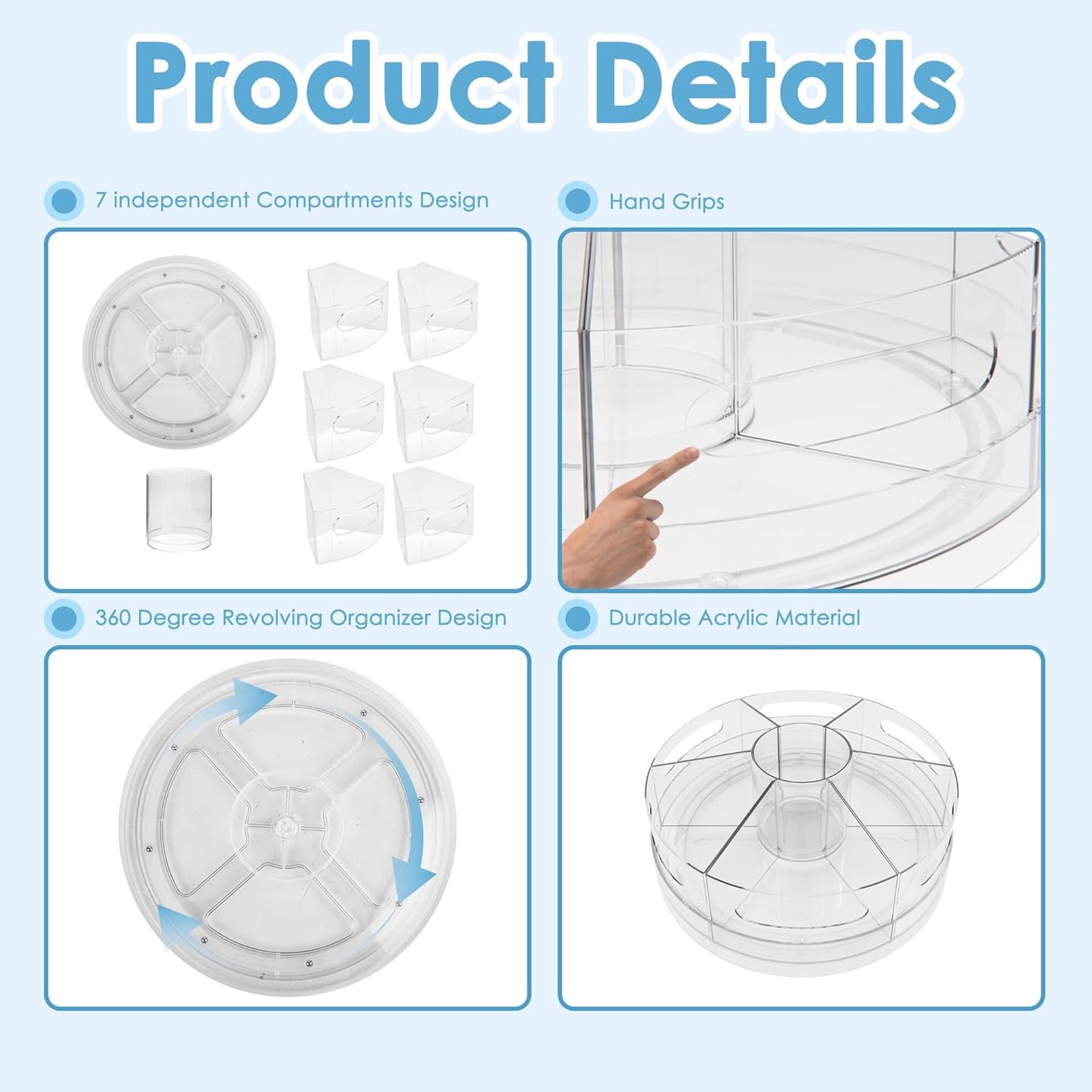 2 Packs Pen Organizer for Desk - Acrylic Pen Holder with Hand Grips, 360° Extra Large Rotating Desk Organizer with 7 Removable Compartments for Office, Home, and Makeup Storage