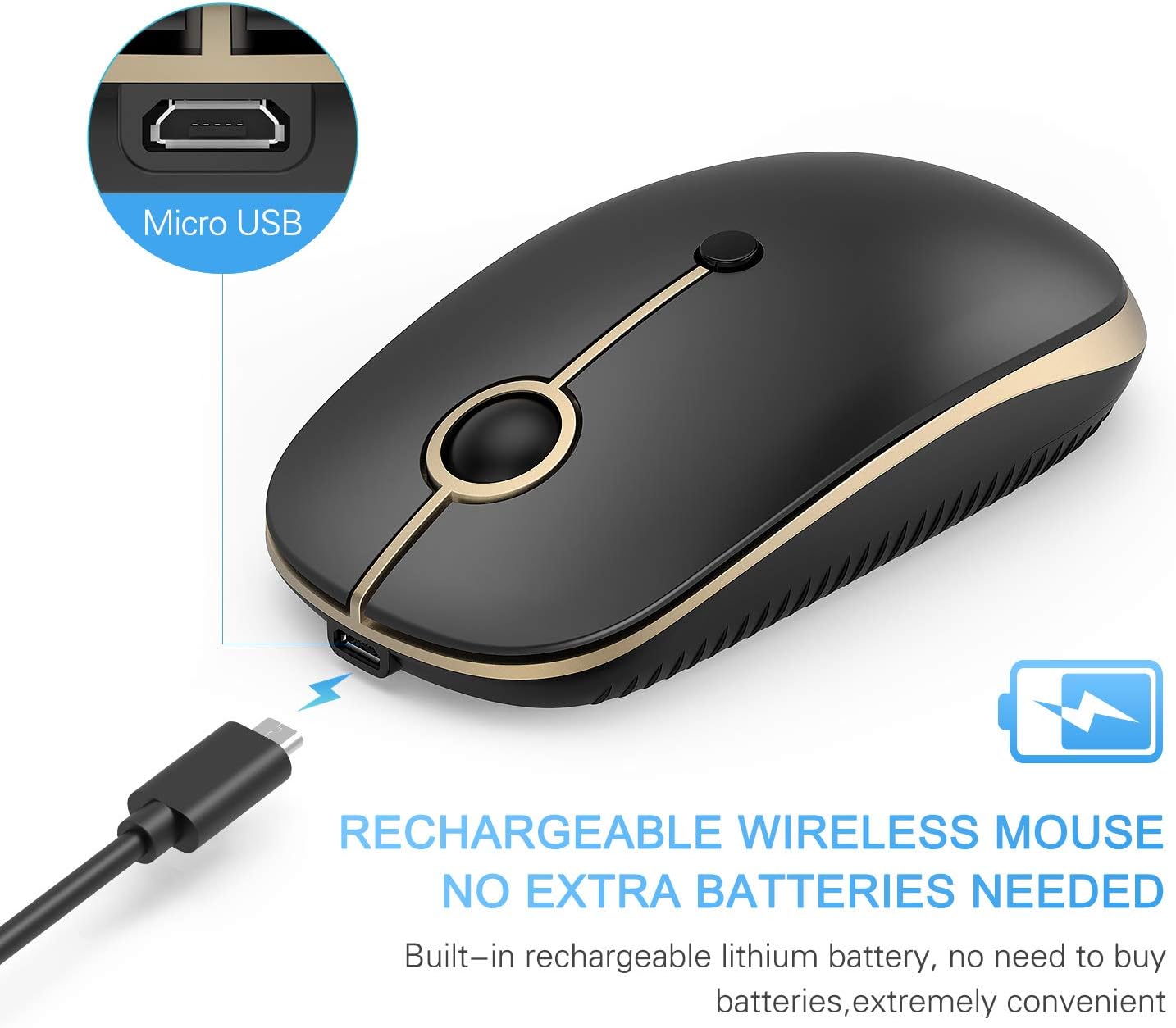 VssoPlor Type C Wireless Mouse USB C Rechargeable Portable Quiet Mouse USB and Type C Receiver Dual Mode Laptop Mouse for PC, Laptop, MacBook, Tablet-Black Gold