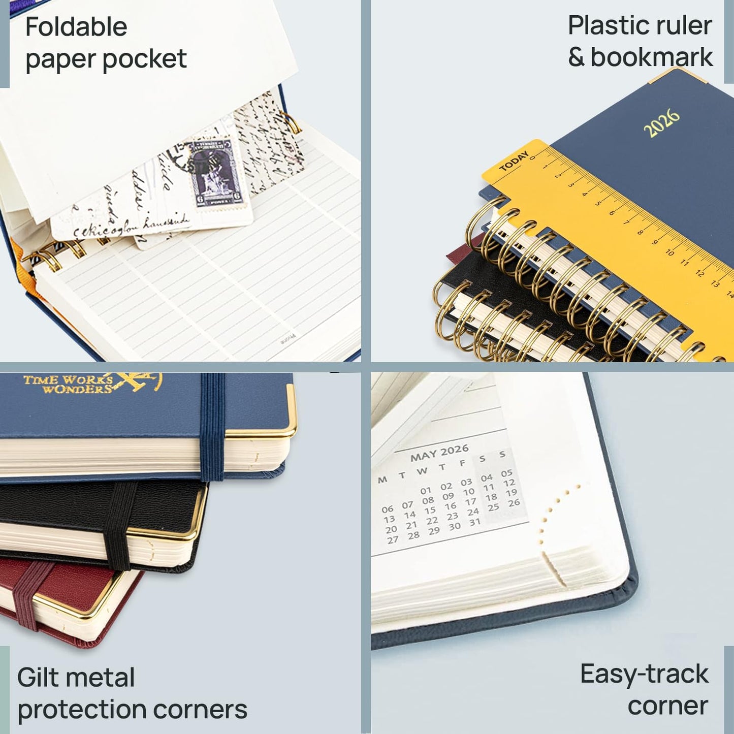 POPRUN 2026 Planner (Medium Size 8.5'' x 6.25'' Wire-Bound Hard Cover) Daily Weekly and Monthly Calendar - Agenda 2026 (Jan.2026-Dec.2026) with Hourly Schedule, Monthly Tabs - Violet