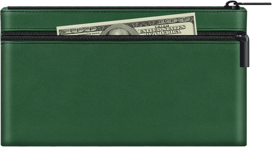 HAUTOCO Money Bag with Zipper 11x6.1 inch Money Pouch with Lined PU Leather Bank Bag Two Pockets Utility Wallet for Cash Check Receipt Coins Cosmetics, Deep Green