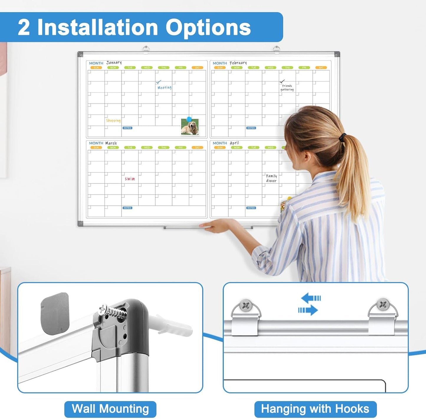 Dry Erase Calendar for Wall 4 Month, WALGLASS 36" x 24" Large Double-Sided White Board Calendar, Dry Erase Monthly Planner Board, Silver Aluminum Frame Hanging Wall Mounted for Office Home School