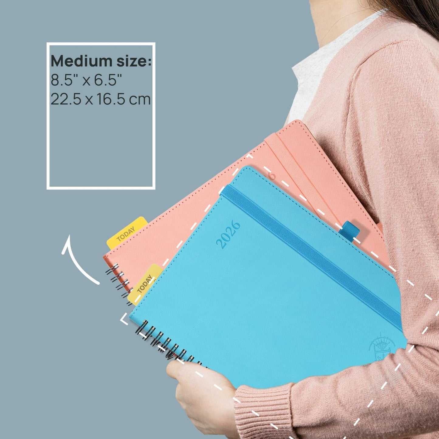 POPRUN 2026 Planner (Medium - 6.5'' x 8.5'') with Hourly Schedule, Vertical Layout - 2026 Weekly Calendar (Jan. 2026 - Dec.2026) for Time Management, Monthly Tabs, Spiral Bound, Soft Cover - Blue Green