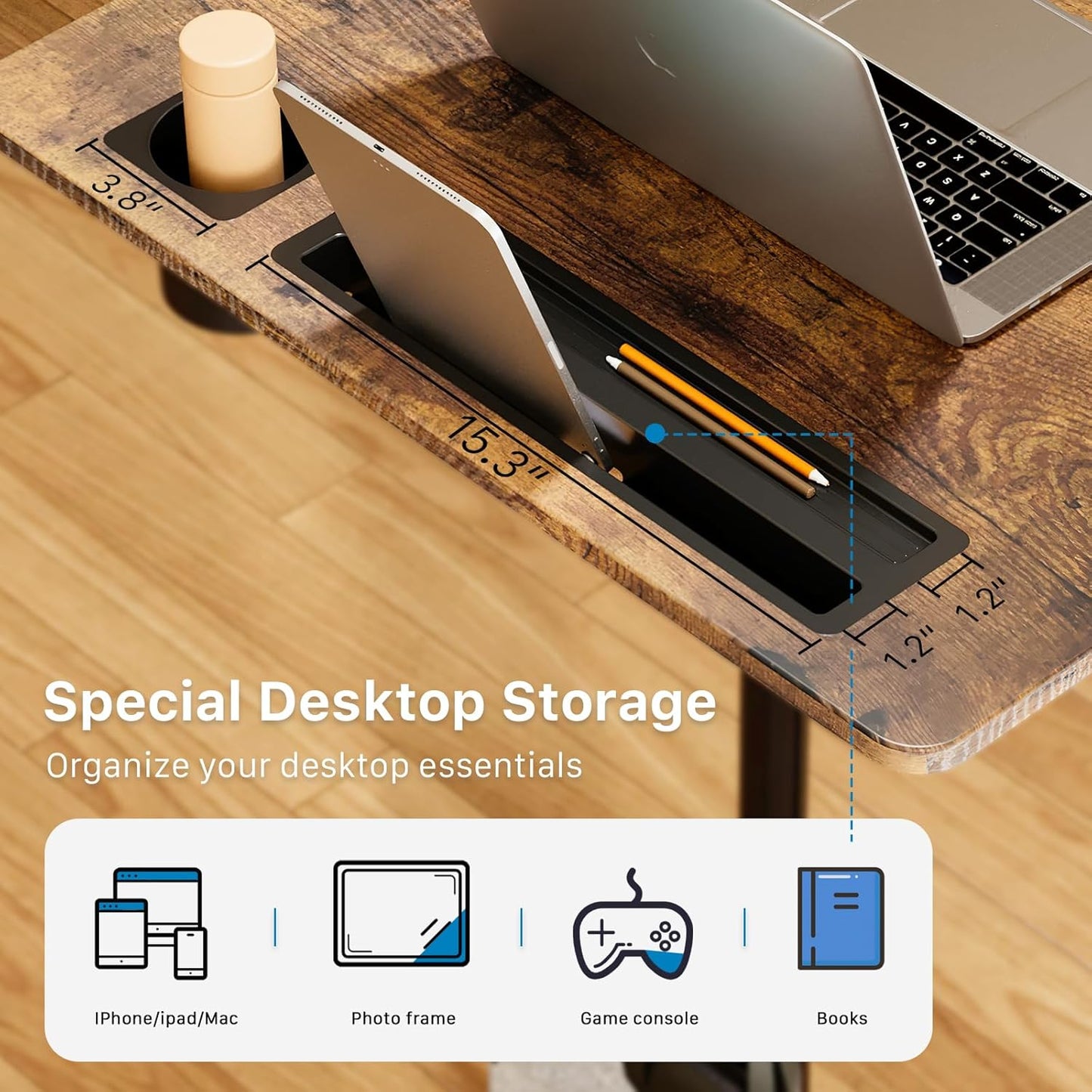 Mobile Standing Desk, 28 inch Rolling Standing Laptop Desk with Cup Holder, Mobile Desk Workstation with Wheels, Portable Computer Desk Cart with Hook for Home Office, Rustic Brown