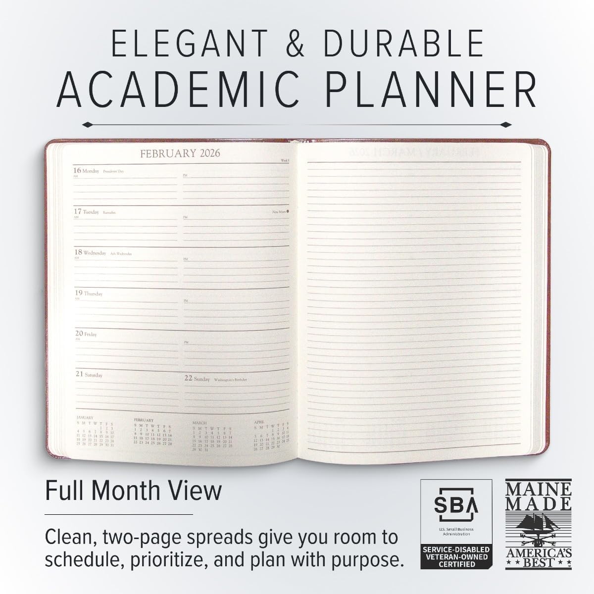 Gallery Leather Academic Planner 2025-2026, Teacher and Student Weekly Monthly Planner, Elegantly Bound Calendar with Gold-Gilded Page Edges, 18 Months - Acadia Green - 9x7"