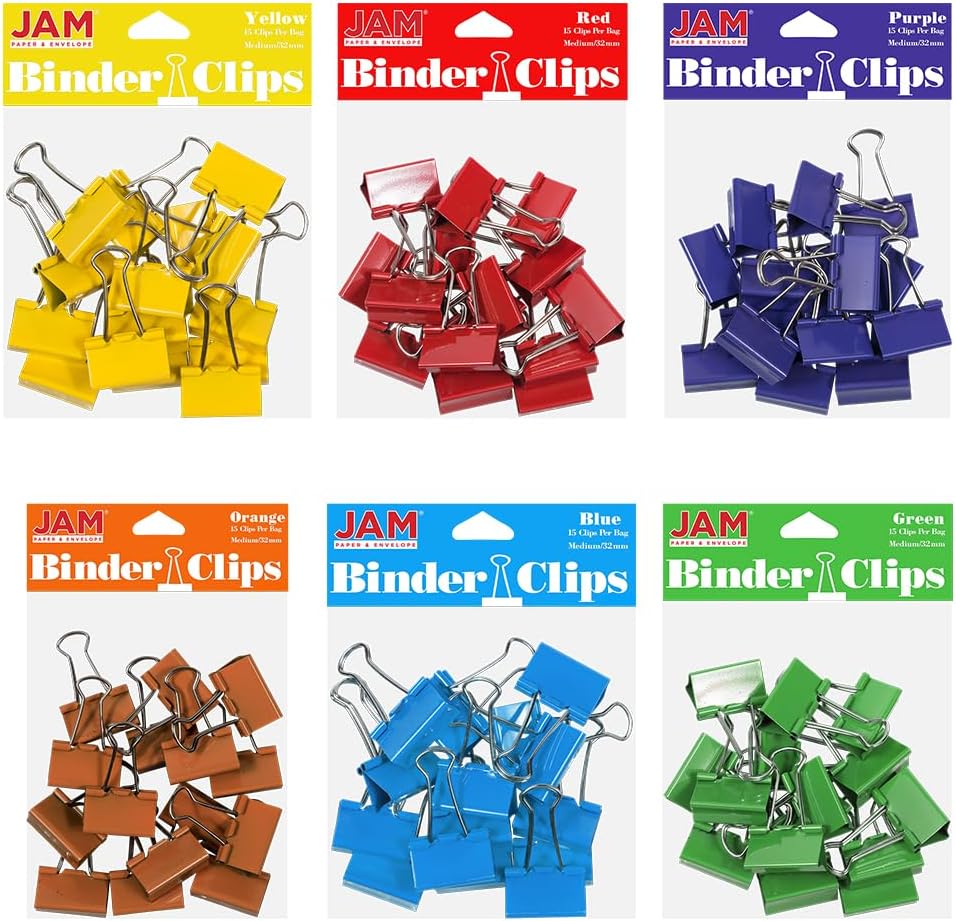 JAM PAPER Colorful Binder Clips Assortment - Medium - 1 1/4 Inch (32 mm) - Assorted Rainbow Colors - 90 Binderclips/Pack