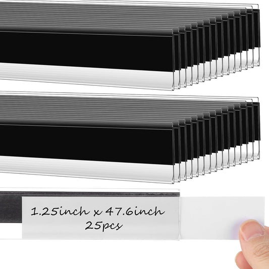 Fainne 25 Pcs 1. 25 Inch Magnetic Shelf Label Strip Holders for Metal Racks and Shelves, Clear Wire Shelf Price Tag Holder Installed in Supermarkets, Shops, Convenience Stores, 48 Inches Long