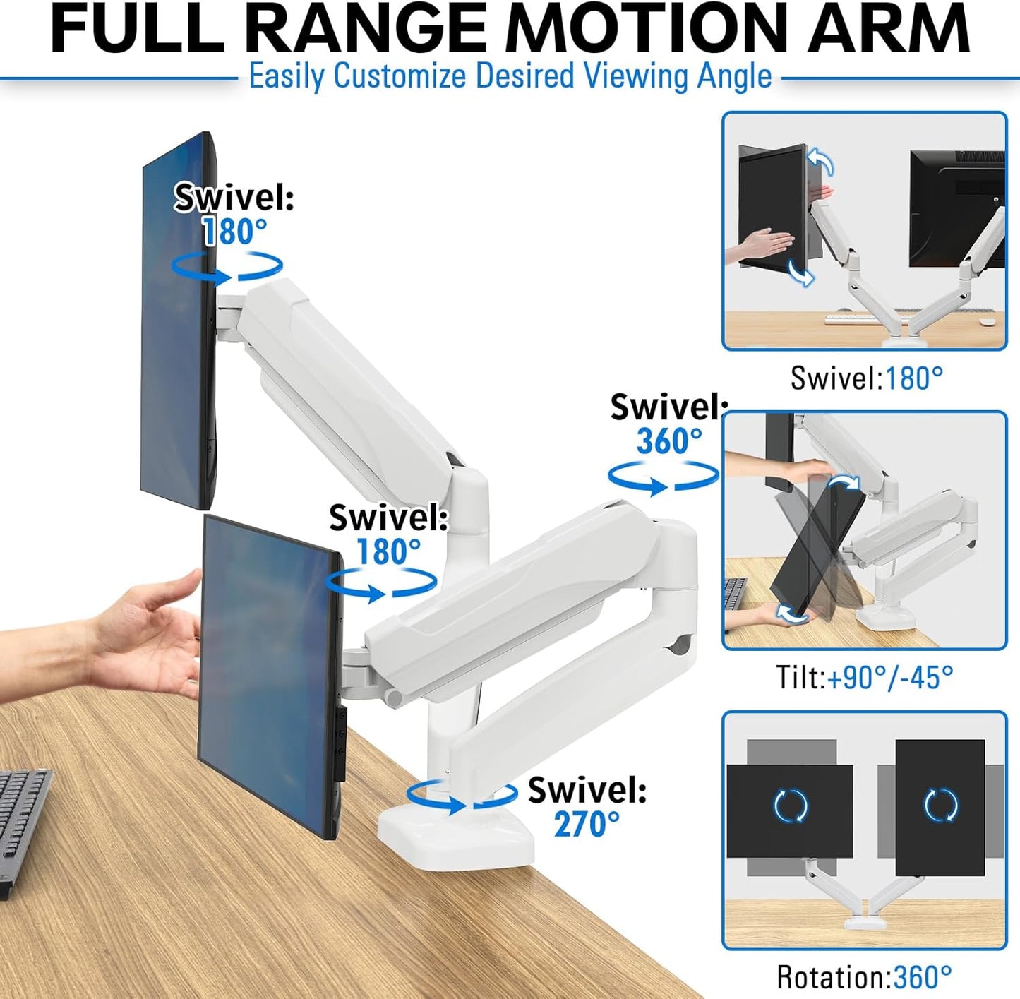 MOUNTUP Dual Monitor Stand for Desk, Pneumatic Monitor Arms for 2 Monitors Max 32 Inches, Height Adjustable Double Monitor Mount, VESA Mounts with C-Clamp & Grommet Base, Holds 4.4-17.6lbs, White