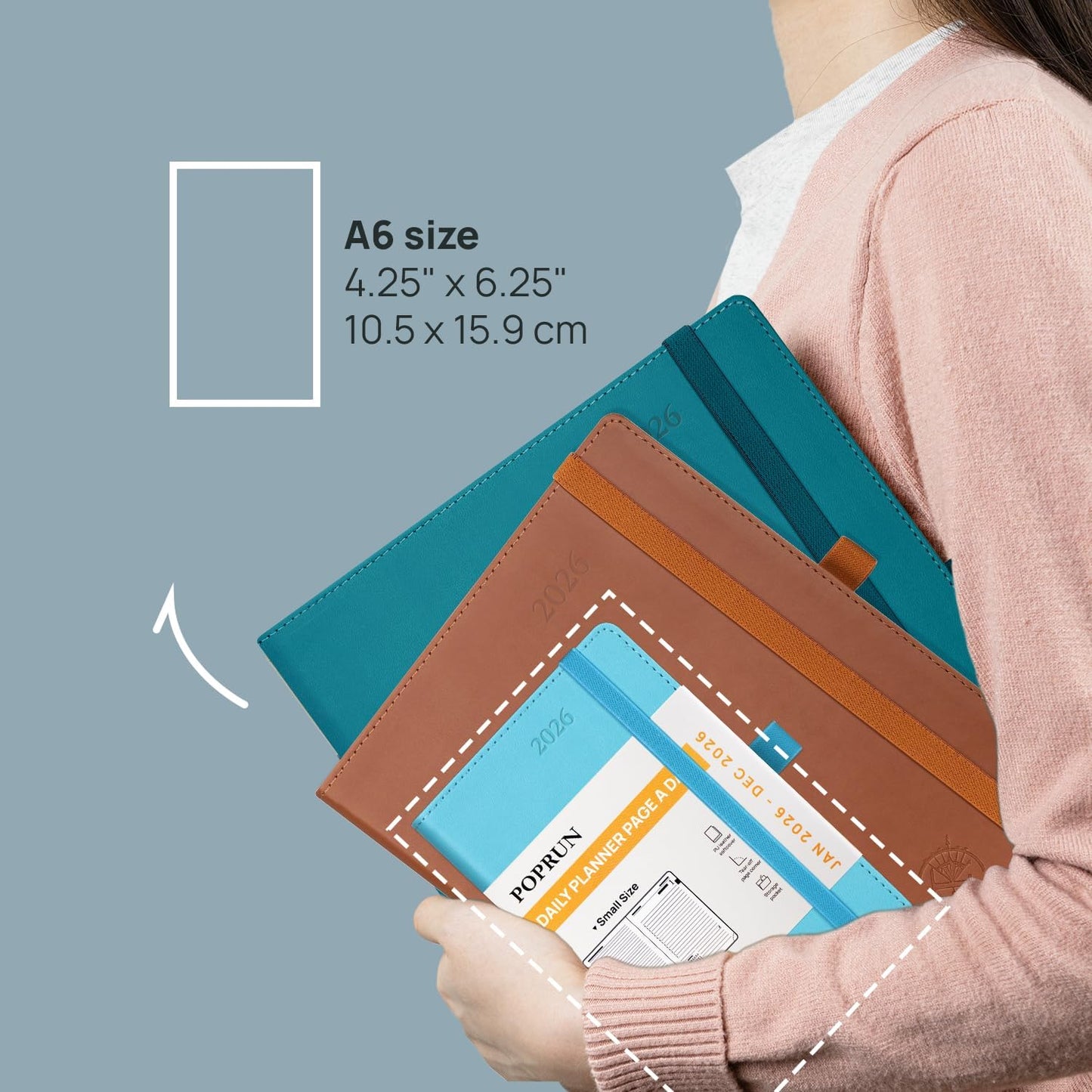 POPRUN Daily Planner 2026 (Jan - Dec), (Purse Size-4.25" x 6.25") 2026 Daily Calendar with One Page Per Day Even Weekends, Hourly Appointment Book with Pocket, PU Leather Softcover - Blue Green