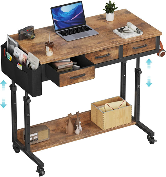 Rolling Standing Desk Adjustable Height with Drawers on Wheels, 40 Inch Portable Mobile Stand Up Computer Desks for Bedroom Home Office, Couch Sofa Side Laptop Table with Storage, Rustic Brown