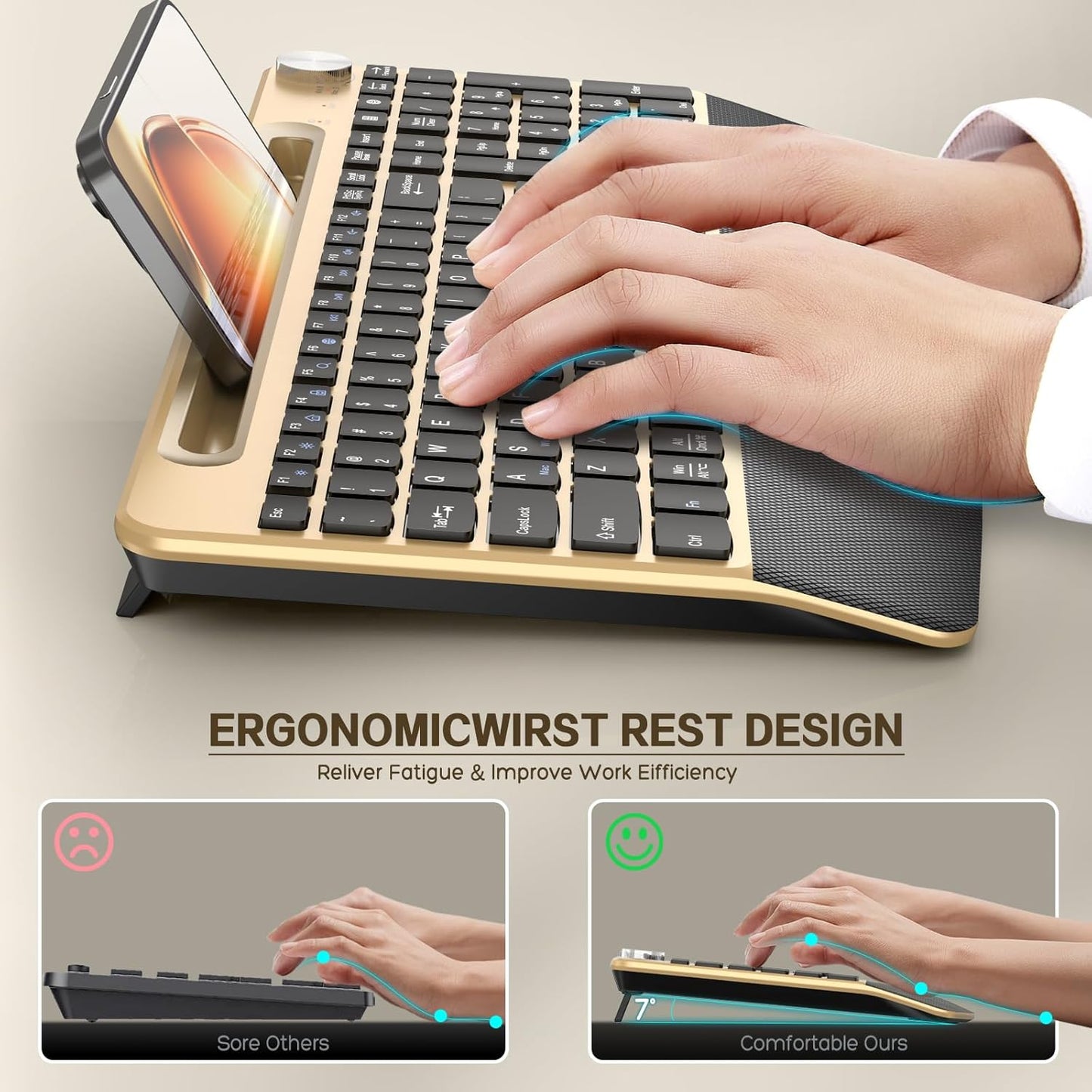 Ergonomic Wireless Keyboard and Mouse with Wrist Rest，Phone Holder - 2.4GHz Full-Sized Low-Profile Quiet Gold Wireless Mouse and Keyboard Combo for Computer, Laptop, PC, Mac-Gold