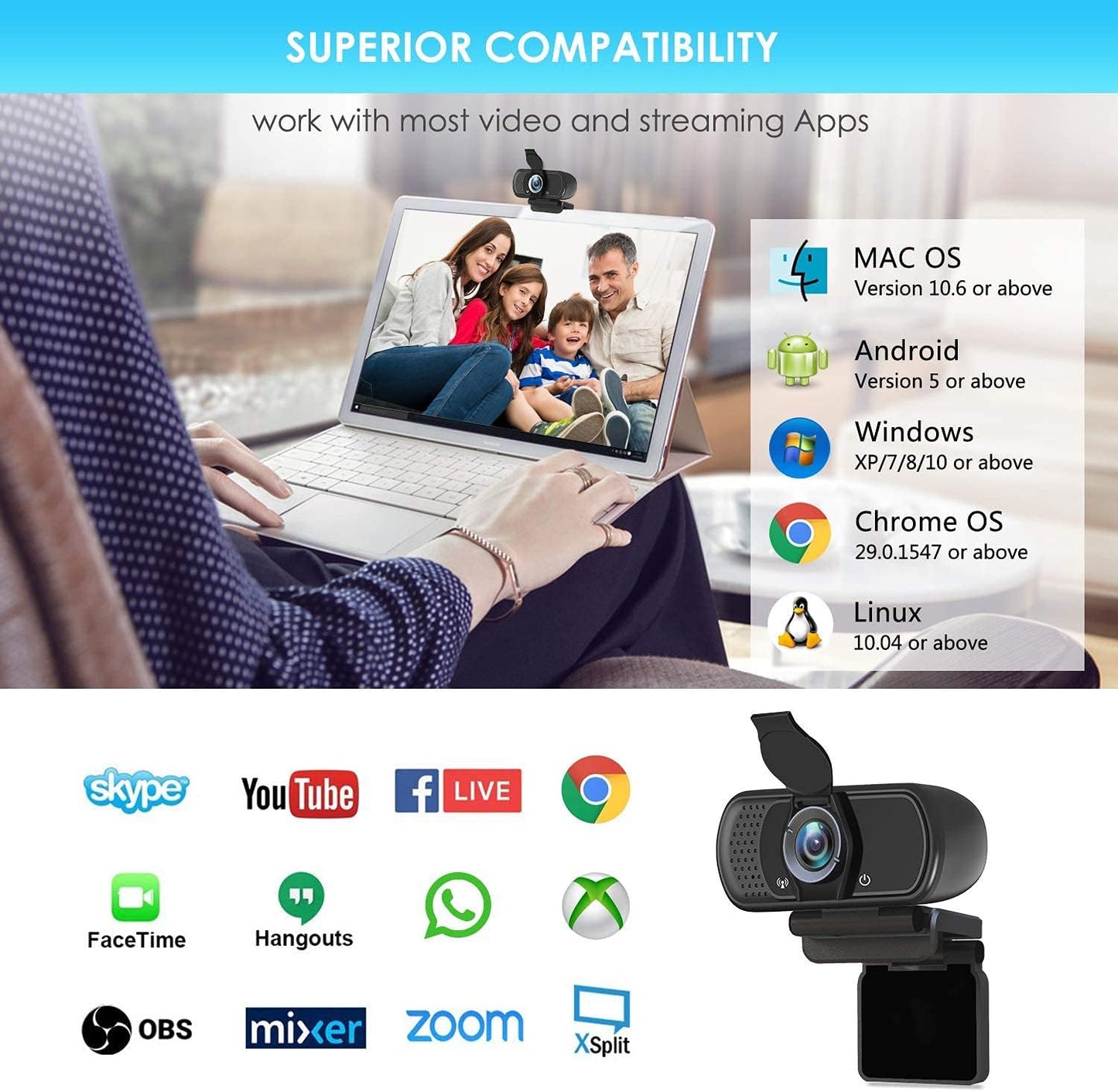 Full HD 1080P Webcam with Privacy Shutter and Tripod, Pro Streaming Web Camera with Microphone, Widescreen USB Computer Camera for Laptop Desktop