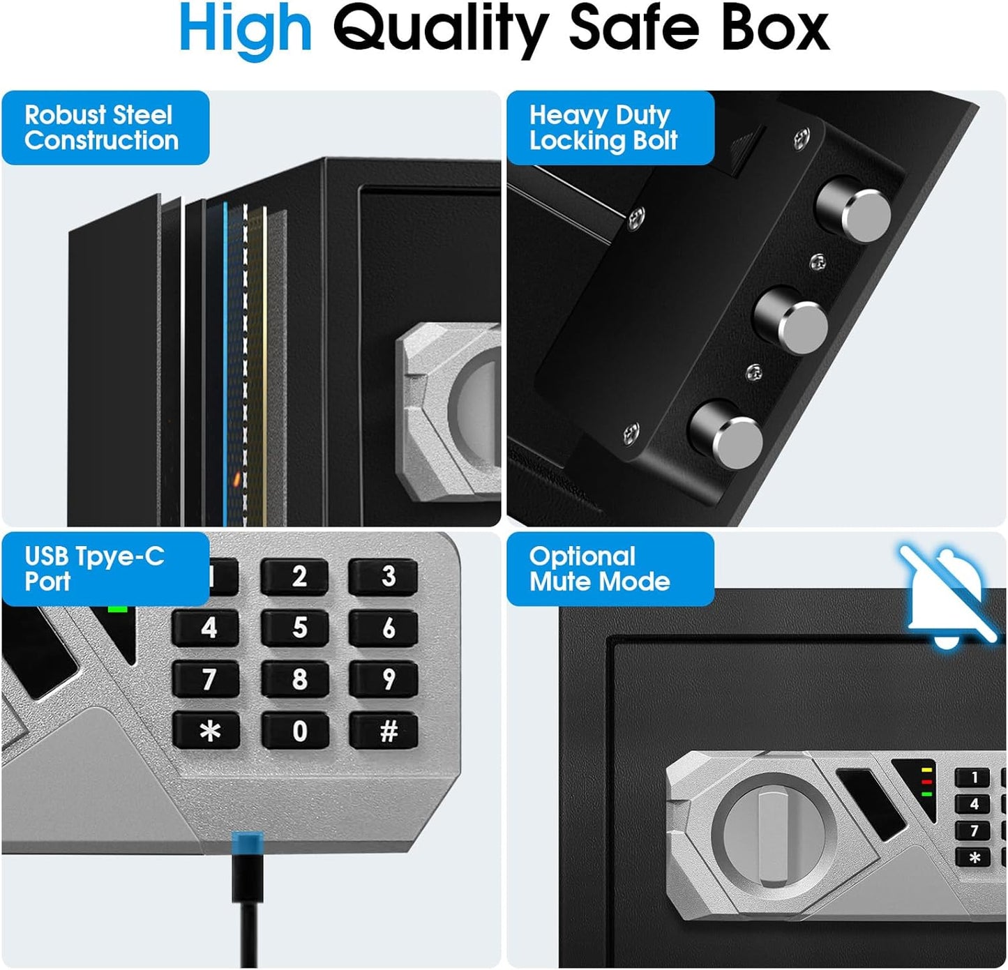 1.3 Cu Ft Small Fireproof Home Safe Box - External Type-C Backup, Steel Security Combination Key Lock Box with Removable Shelf, Safety Box for Document Jewelry Money