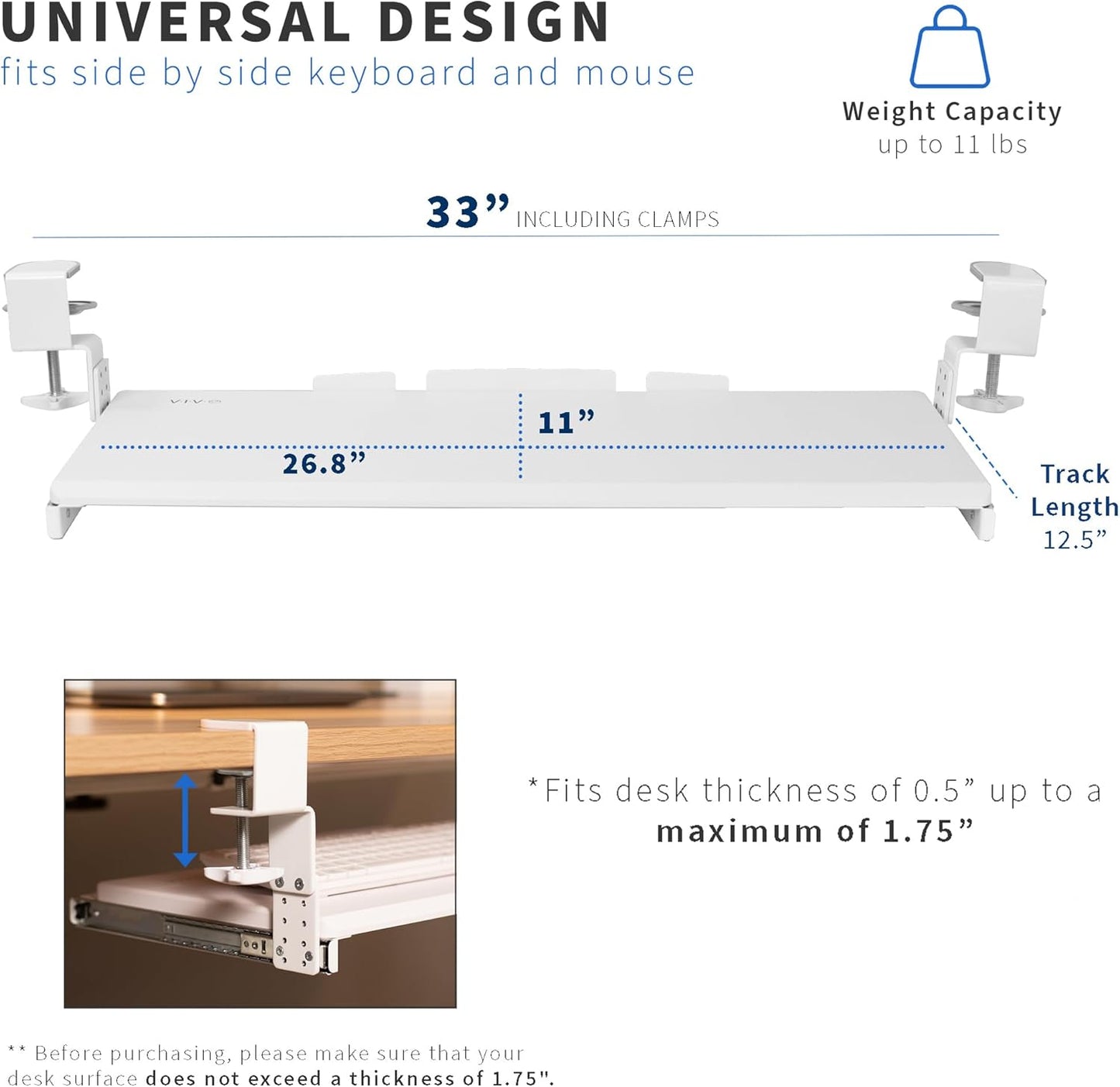 VIVO Large Height Adjustable Under Desk Keyboard Tray, C-clamp Mount System, 27 (33 Including Clamps) x 11 inch Slide-Out Platform Computer Drawer for Typing, White, MOUNT-KB05HW