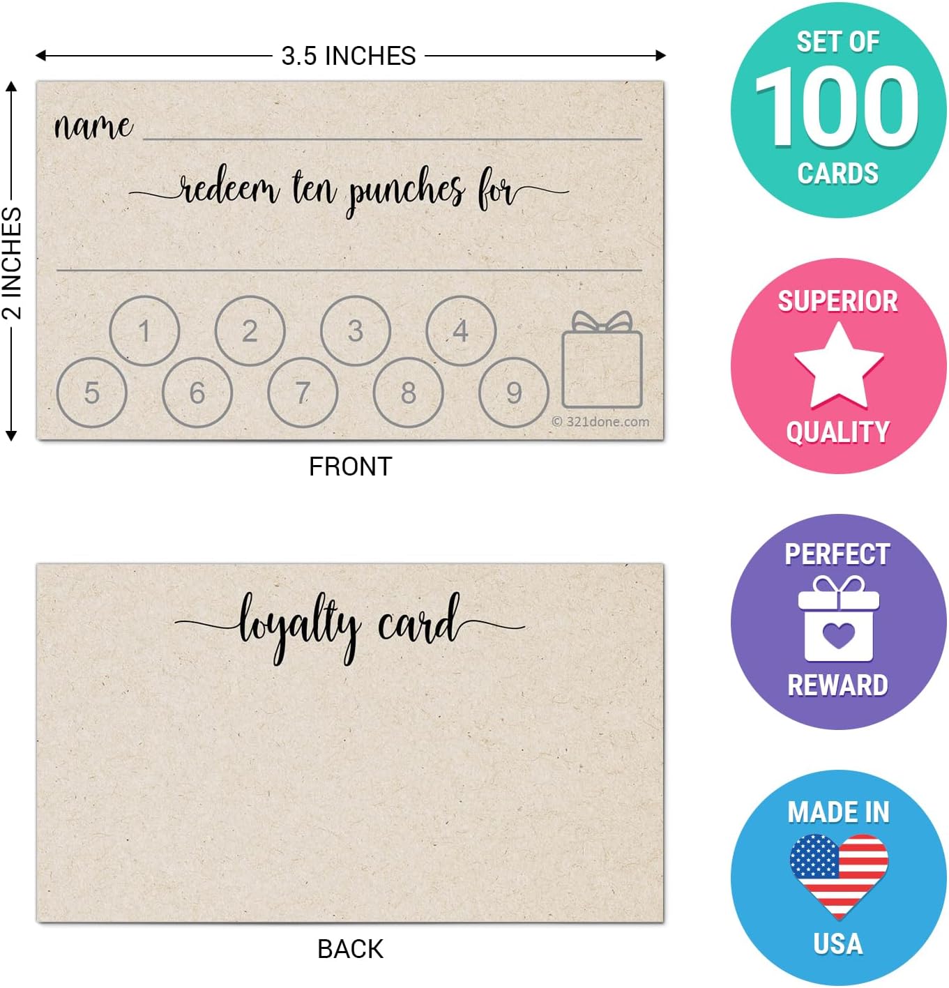 321Done Loyalty Punch Cards, Made in USA - 3.5x2 Kraft Tan, Customer Reward Card, Redeem 10 Punches or Visit for Prize - Pack of 100