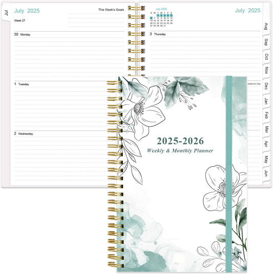 Planner 2025-2026 - July 2025 - June 2026, Academic Planner 2025-2026 with Flexible Cover, Tabs, Inner Pocket, Spiral Bound, 6.4" x 8.5", Teal Flowers