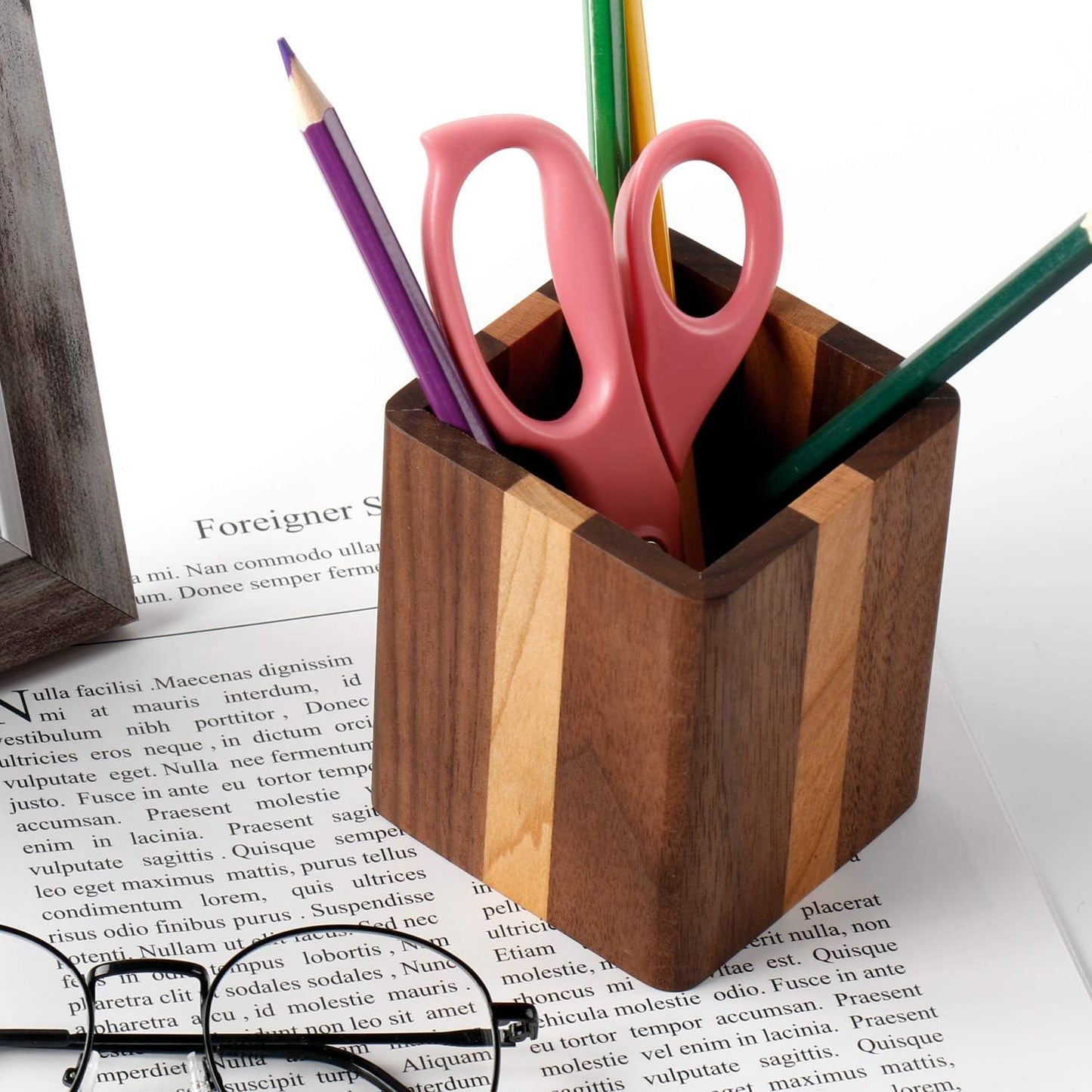 Walnut Pencil Holder Wood Pen Holder For Desk Pen Cup Organizer Ofiice Pencil Stand Simple(Cherry center walnut side)