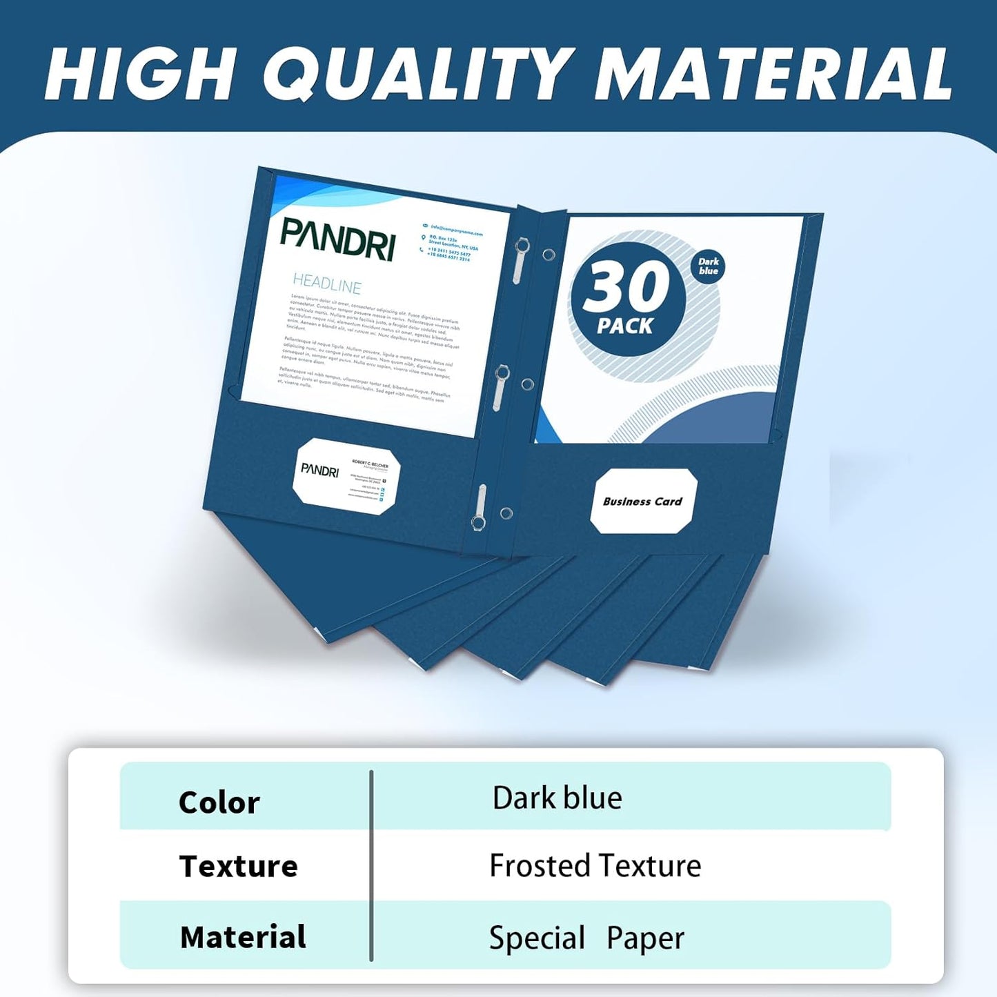 Two Pocket Folders, PANDRI 30 Pack Two Pocket Folders with Prongs, 3 Prong Folders Designed for Office and Classroom, Letter Size Darkblue