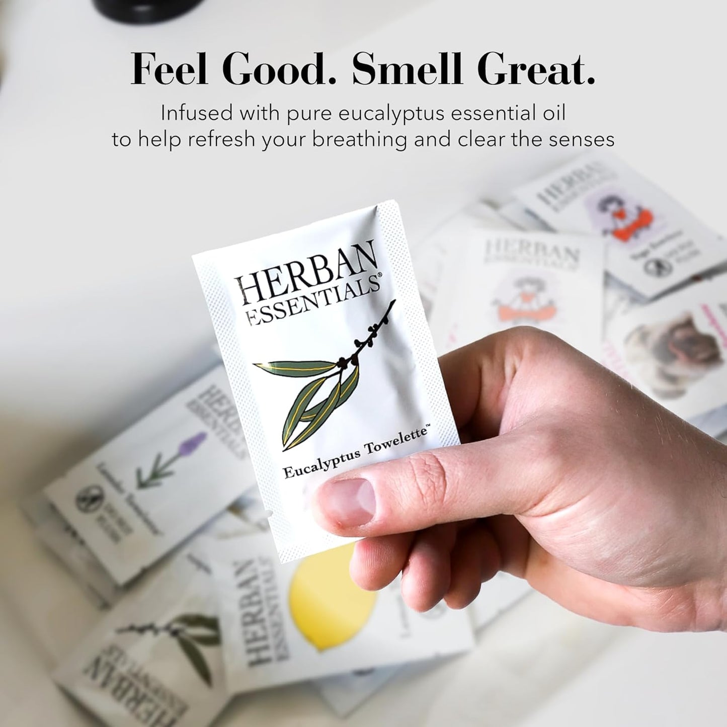 Herban Essentials - Eucalyptus Wipes & Towelettes - Essential Oil Wipes for Hands & Body - Travel Size Essentials and Toiletries - Natural, Individually Wrapped, Disposable & Moist Refresh (20 count)