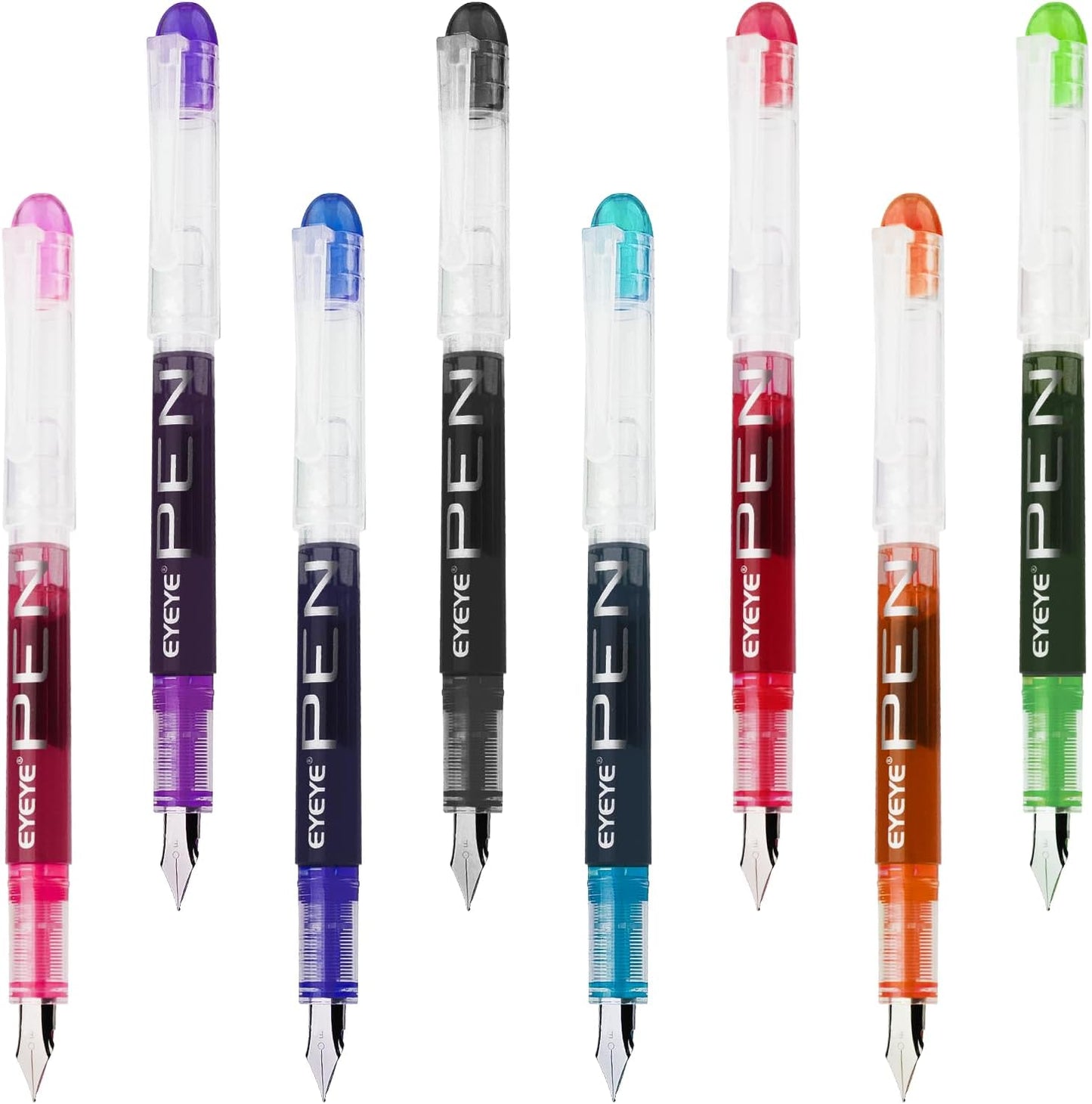 EYEYE Disposable Fountain Pens, 8 Pack Multicolor Fine Point Fountain Pens for Writing, Stainless Steel Nib, Smooth Writing for Journaling, Drafting, Sketching, Doodling & Gifts