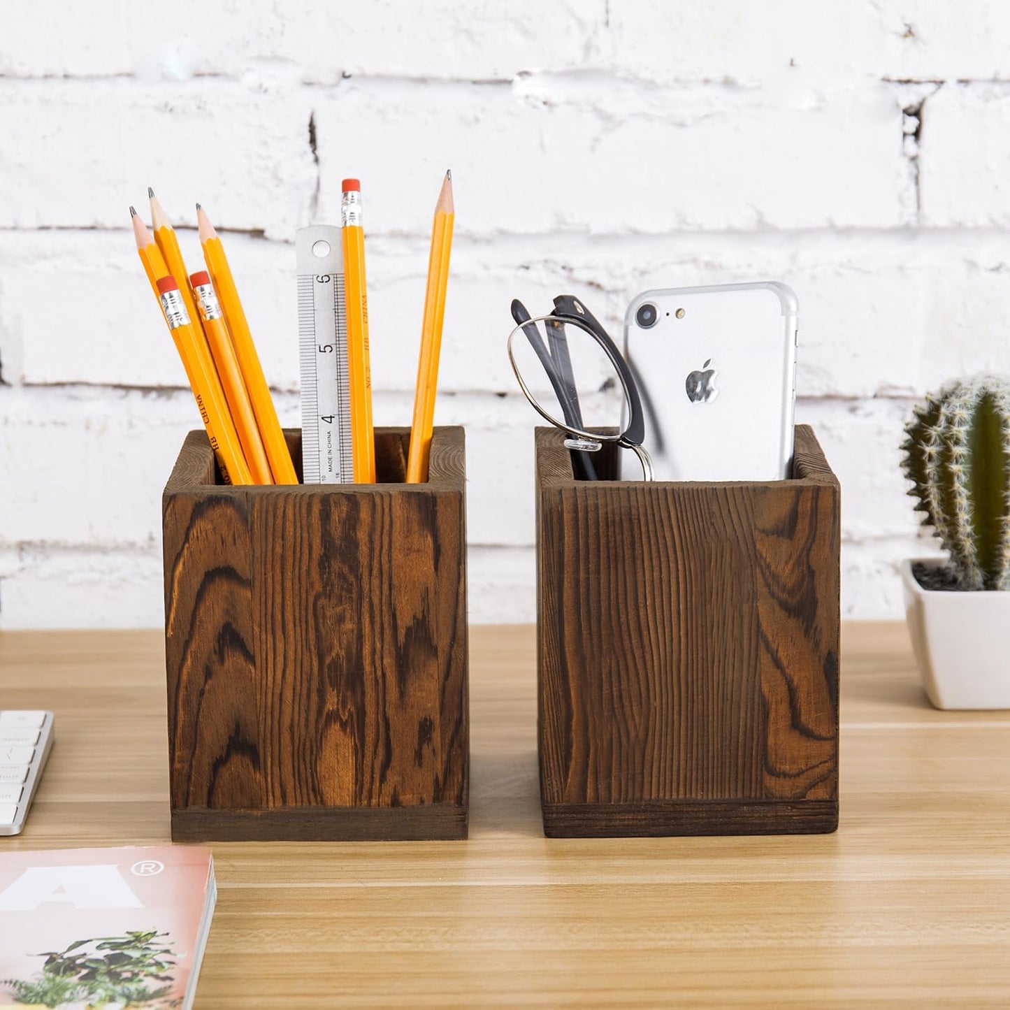 MyGift Set of 2 Natural Grain Wood Desktop Pen Holder Pencil Holder Cup, Office Dorm Home Desk Supplies Organizer